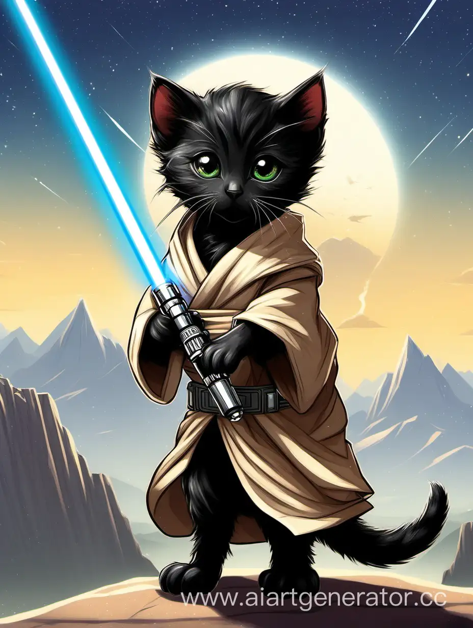 Черный котёнок породы экзот со световым мечом в одежде джедая на фоне гор.