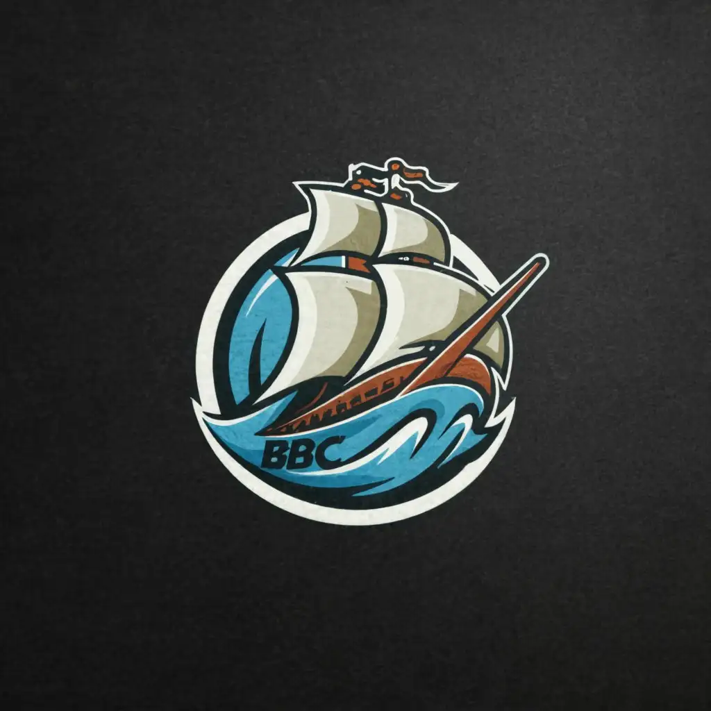 a logo design, with the text 'Big Boat Crew', main symbol: Large Galleon Ship, with a mix of white and light blue in the logo, complex, to be used in the Sports Fitness industry, clear background, the letters 'BBC' in place of the 'CREW'