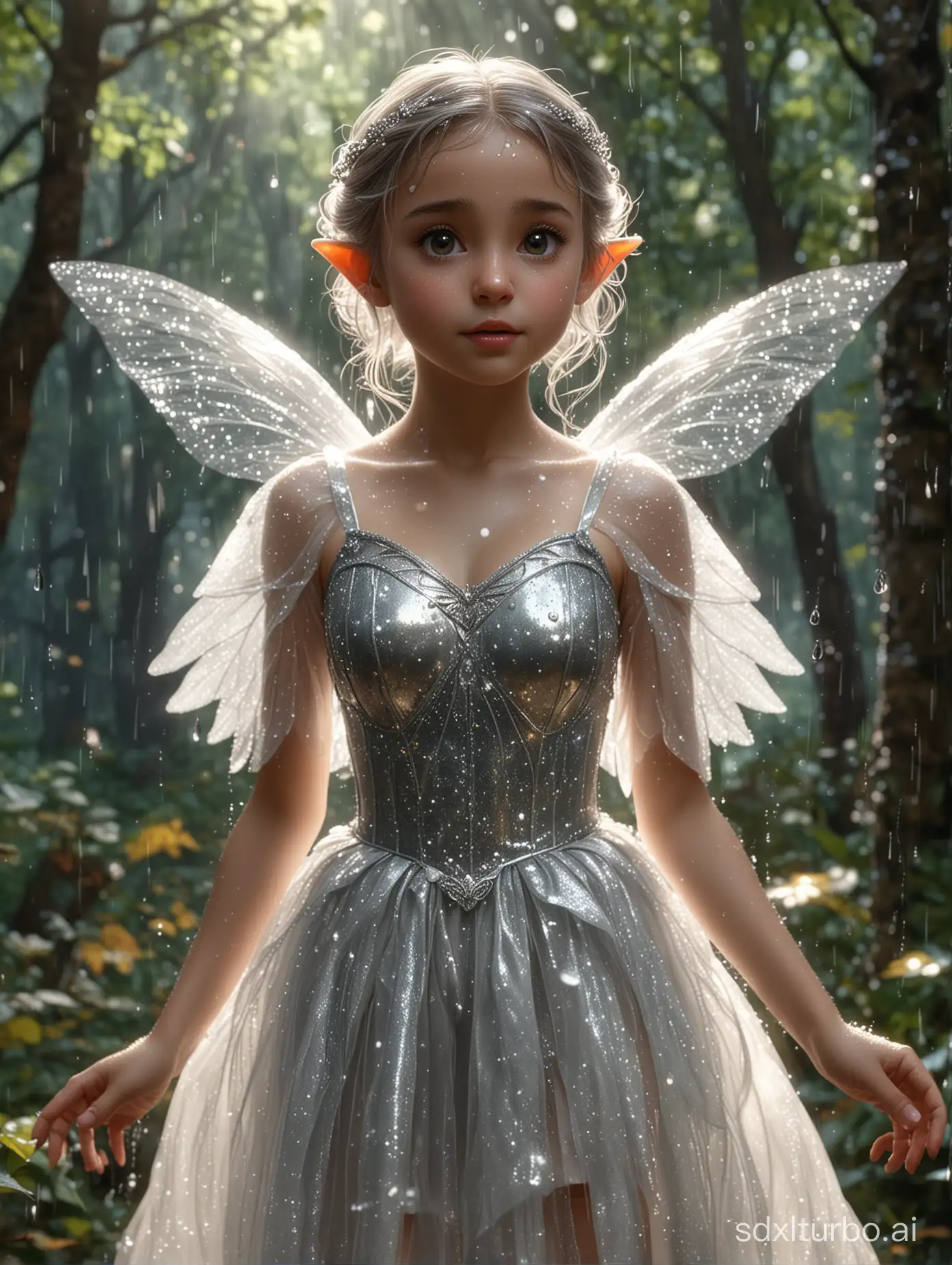In the forest, there is a little girl, half-length, an elf, wearing an exquisite shiny silver dress, shiny transparent wings, a gorgeous tutu, romantic raindrops filling the air, a beautiful face, and a delicate round shape. eyes, glossy lips, plump figure, art stand, ray tracing beam, highly detailed, 8k, focus