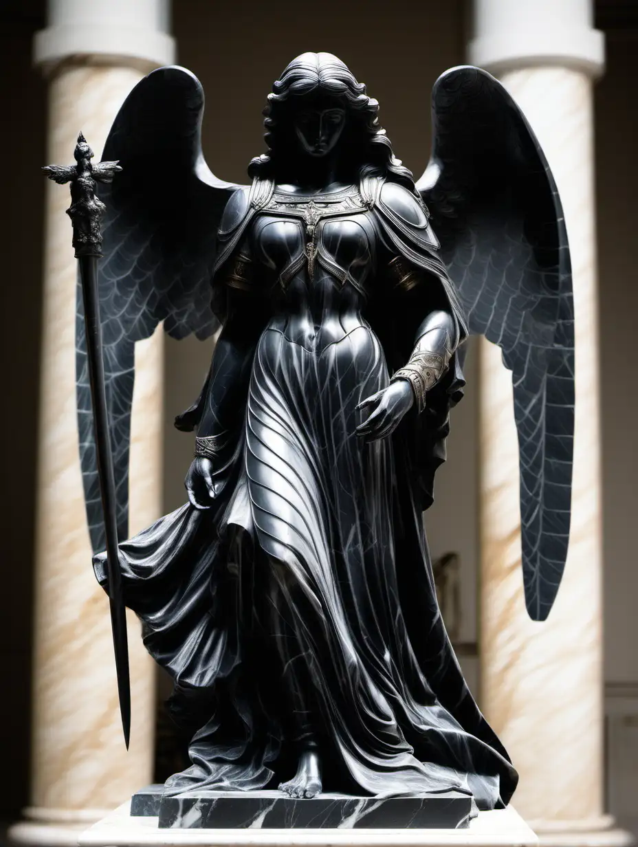 black marble statue of a forboding, armored female archangel with long, straight hair.