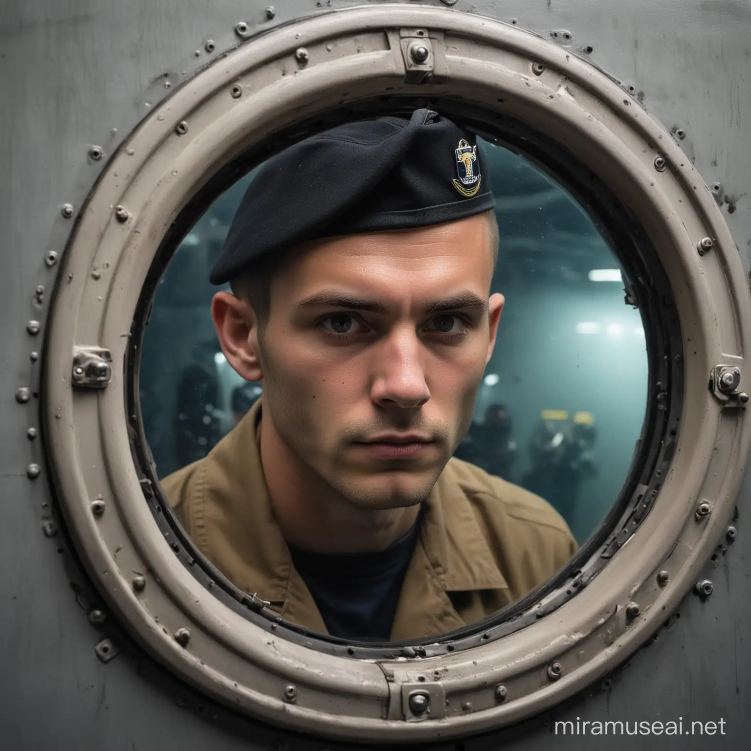 a sad US NAVY sailor looking through the small circular window of a submarine from the inside