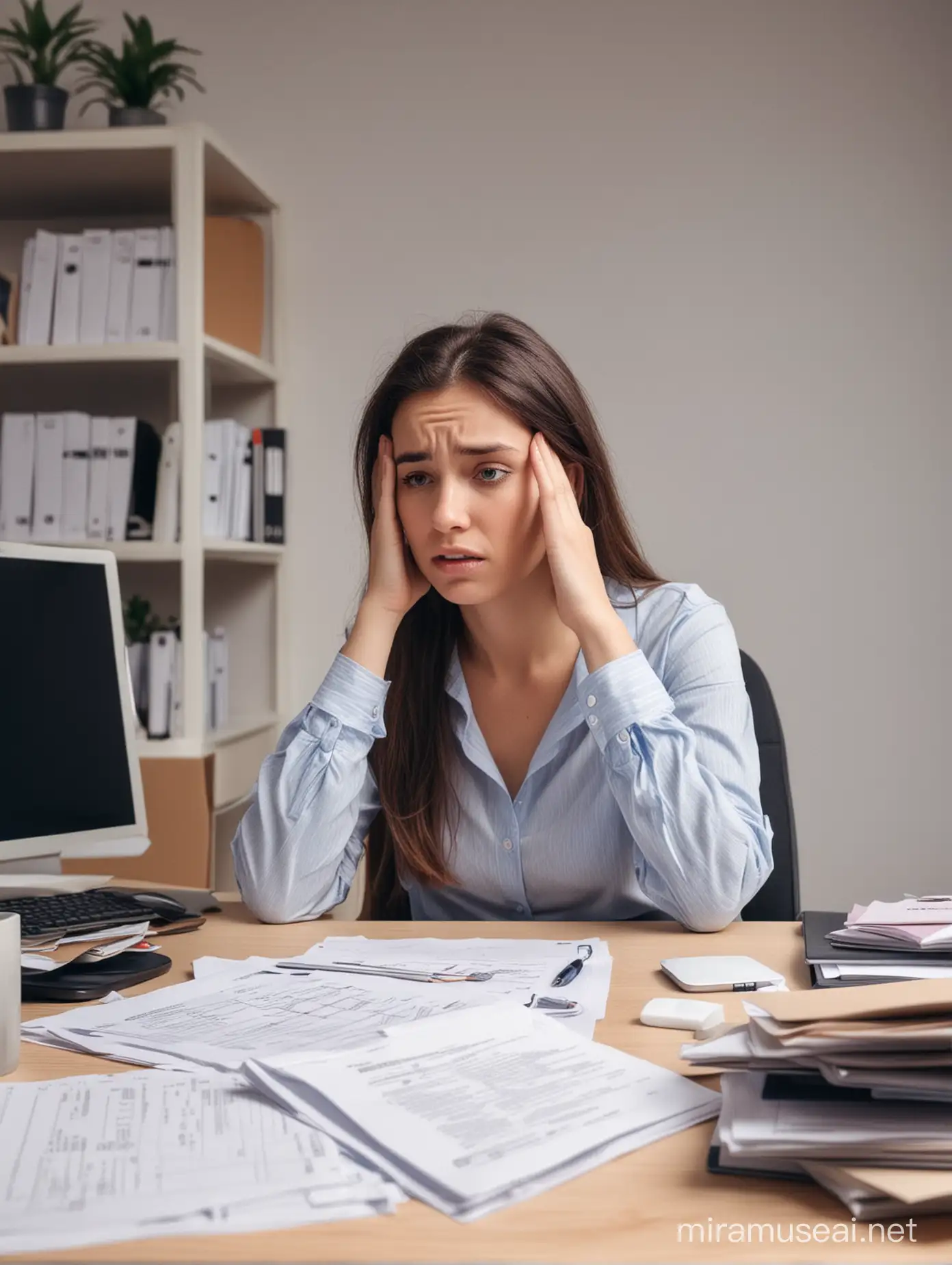 tjej sitter ensam på sitt kontor och är panik stressad 
med för mycket arbete 