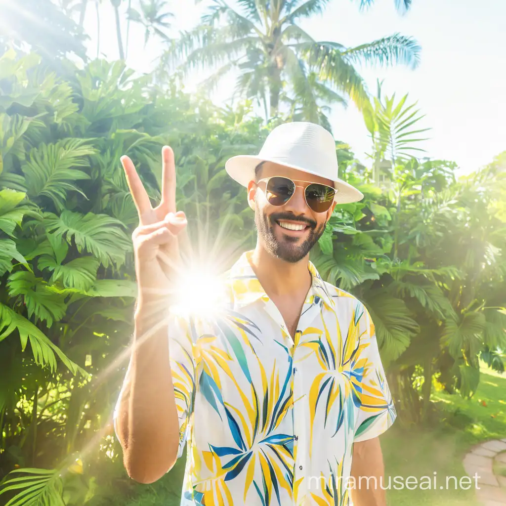A man stands in a sun-drenched tropical setting, his cheerful demeanor captured as he flashes a peace sign with his right hand. He sports a chic white summer hat that sits atop his head, shading his eyes, which are concealed behind a pair of stylish sunglasses reflecting the lush environment. His attire includes a vibrant, short-sleeved shirt featuring a bold, abstract pattern with splashes of yellow, white, and blue, evoking a sense of leisure and playfulness. The backdrop is a rich tapestry of greenery, full and verdant, a testament to the location's vitality. Rays of sunlight filter through the foliage, encircling him in a soft, almost divine halo, enhancing the joyful and carefree essence of the scene.