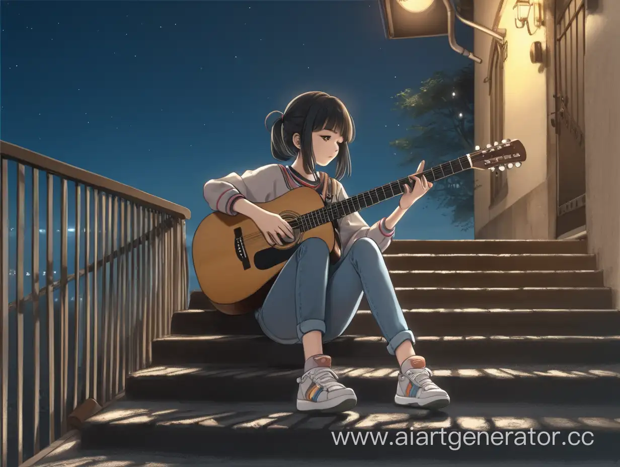 Girl-Playing-Guitar-on-Steps-in-Anime-Style-Atmosphere