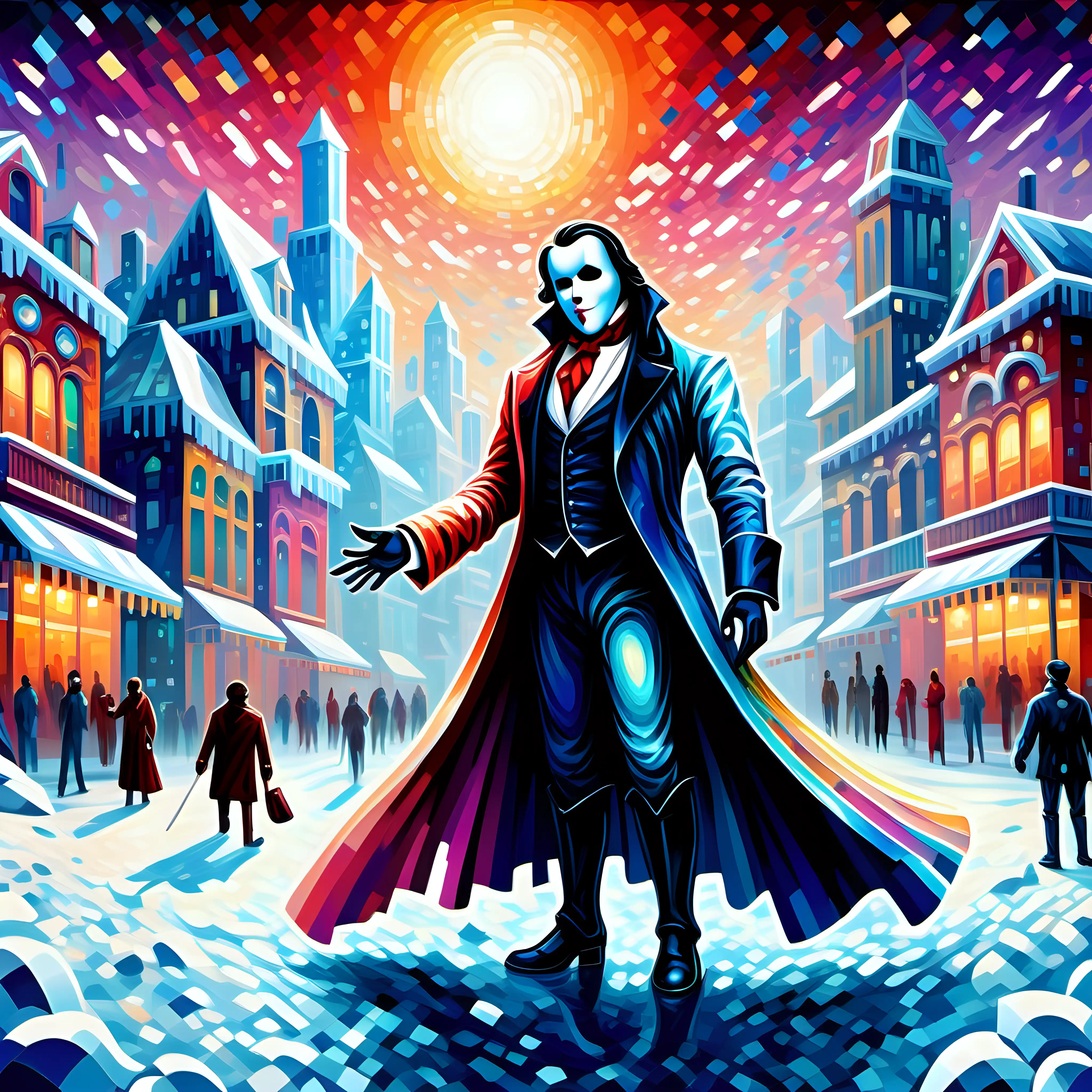 "Craft an AI artwork that seamlessly blends [detailed oil painting style phantom of the opera in a pixelated colorful ice world]into a harmonious and thought-provoking visual narrative, pushing the boundaries of creative synthesis."HD, High Quality, beautiful bold background of contrast and warm colors.