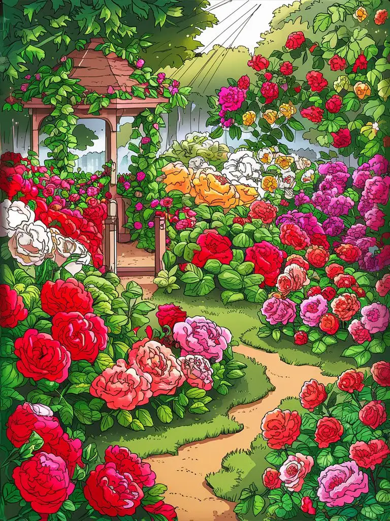 Vibrant Family Enjoying Picnic Amidst Lush Rose Garden