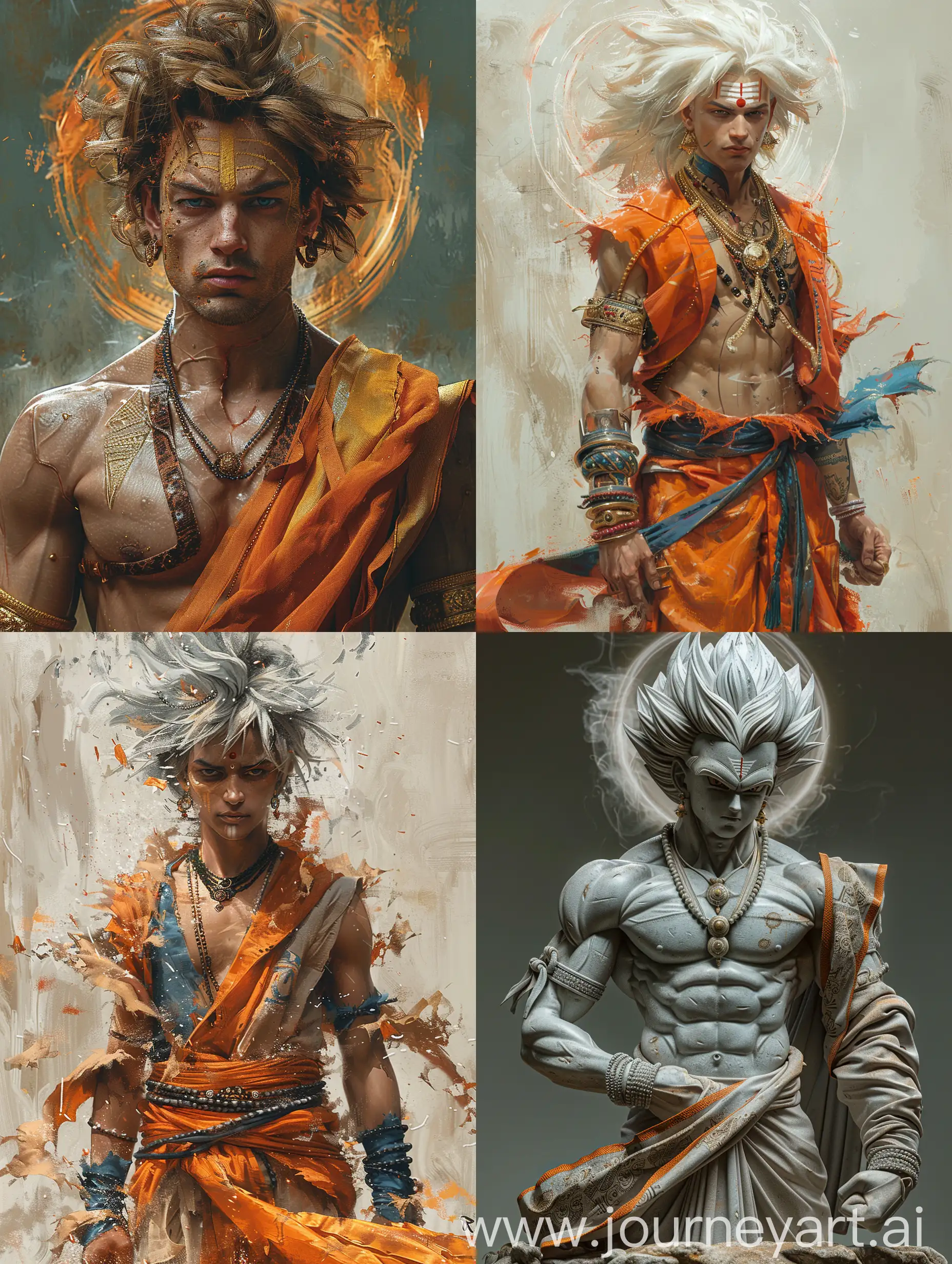  Ultra Instinct Goku reimagined as an Indian warrior, mystical aura radiating power, dynamic battle pose, intense expression, wearing his attire blending with Saiyan armor, intricate details on costume, flowing sash, epic --stylize 750 --aspect 3:4 --chaos 15 --v 6