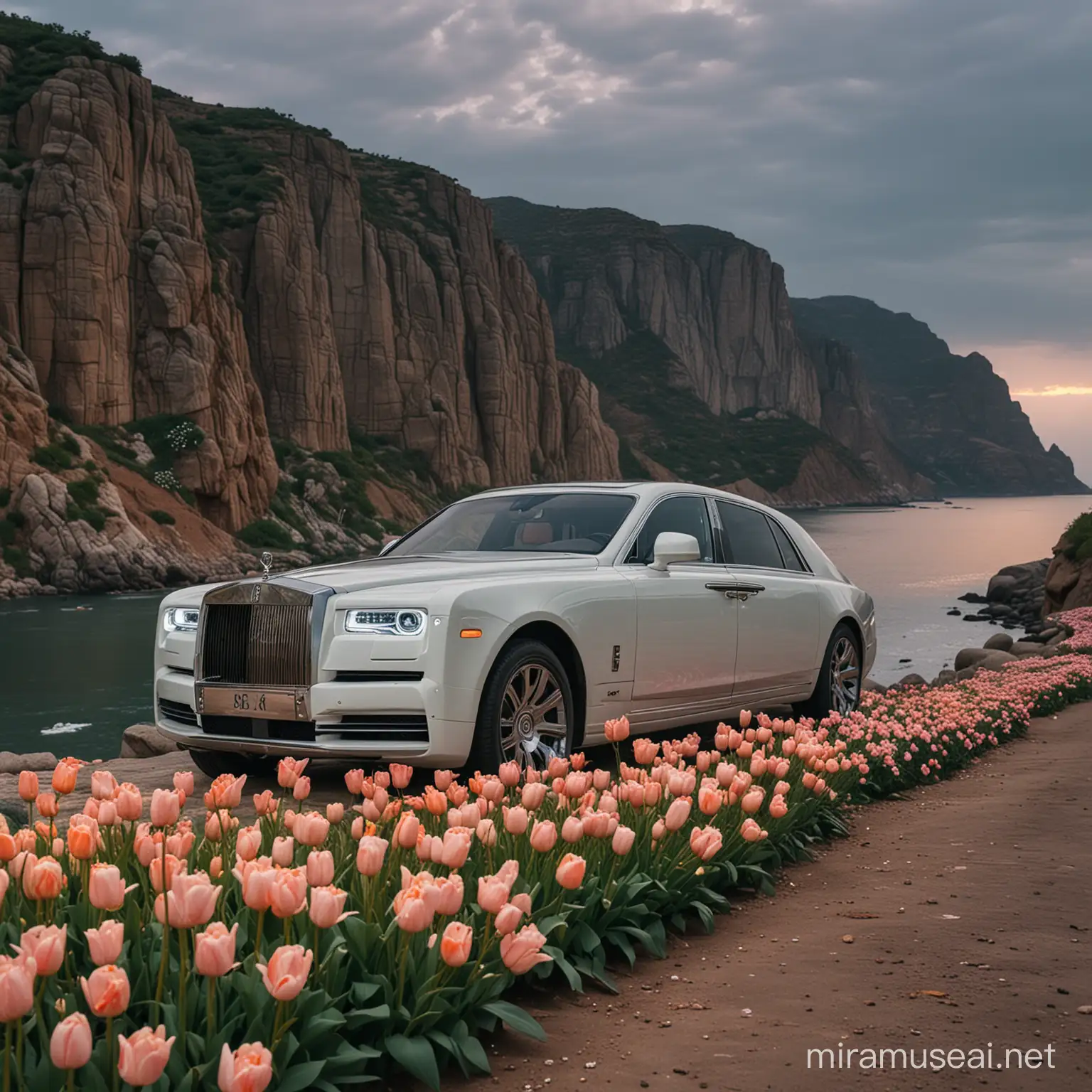 ultra detailed, 8k, real size body Saudi tycoon wear whiten robe standing on right  of  2020 type  real scale tall  height Rolls Royce 20 meters Extended superlong  lux Silver Phantom , parked on a sharp cliff seaside  , Blooming with peonies and tulips，green leaves,with a cheetah crouching beside him, watching Riyadh set off dazzling fireworks，autumn early night  , clearsky, cloudy,