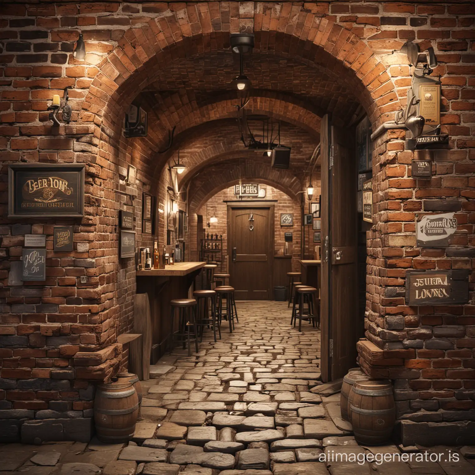 3D design looking through ragged hole in brick wall into a old London pub 
 with beer pumps and customer leaning against the bar

