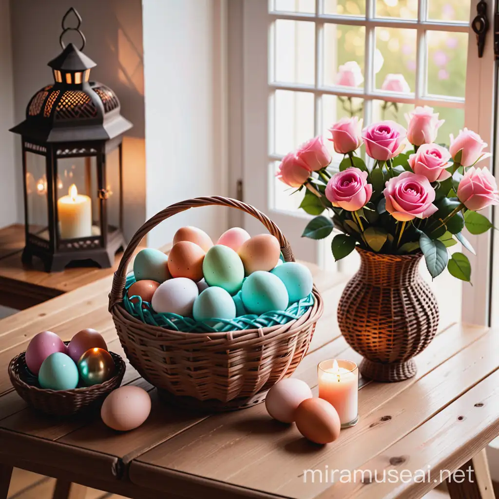 Kosz wiklinowy pełen  kolorowych jajek stoi na drewnianym stole, obok kosza  stoi wazon  z różowymi różami. Na stole znajdują się także 2 mniejsze lampiony ze świecami w środku. Obraz ma romantyczny, elegancki charakter