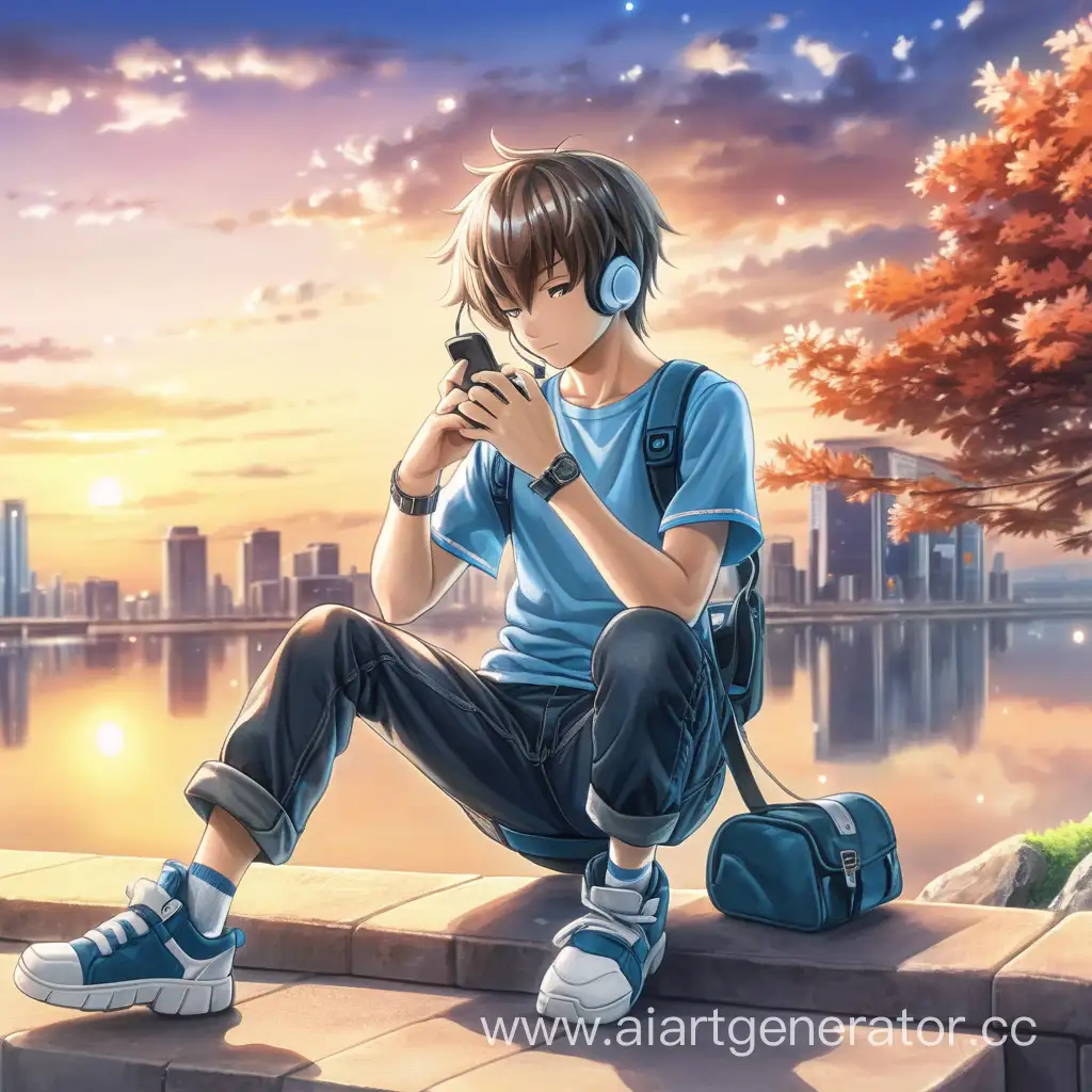 Аниме мальчик сидит и играет в телефон на красивом фоне