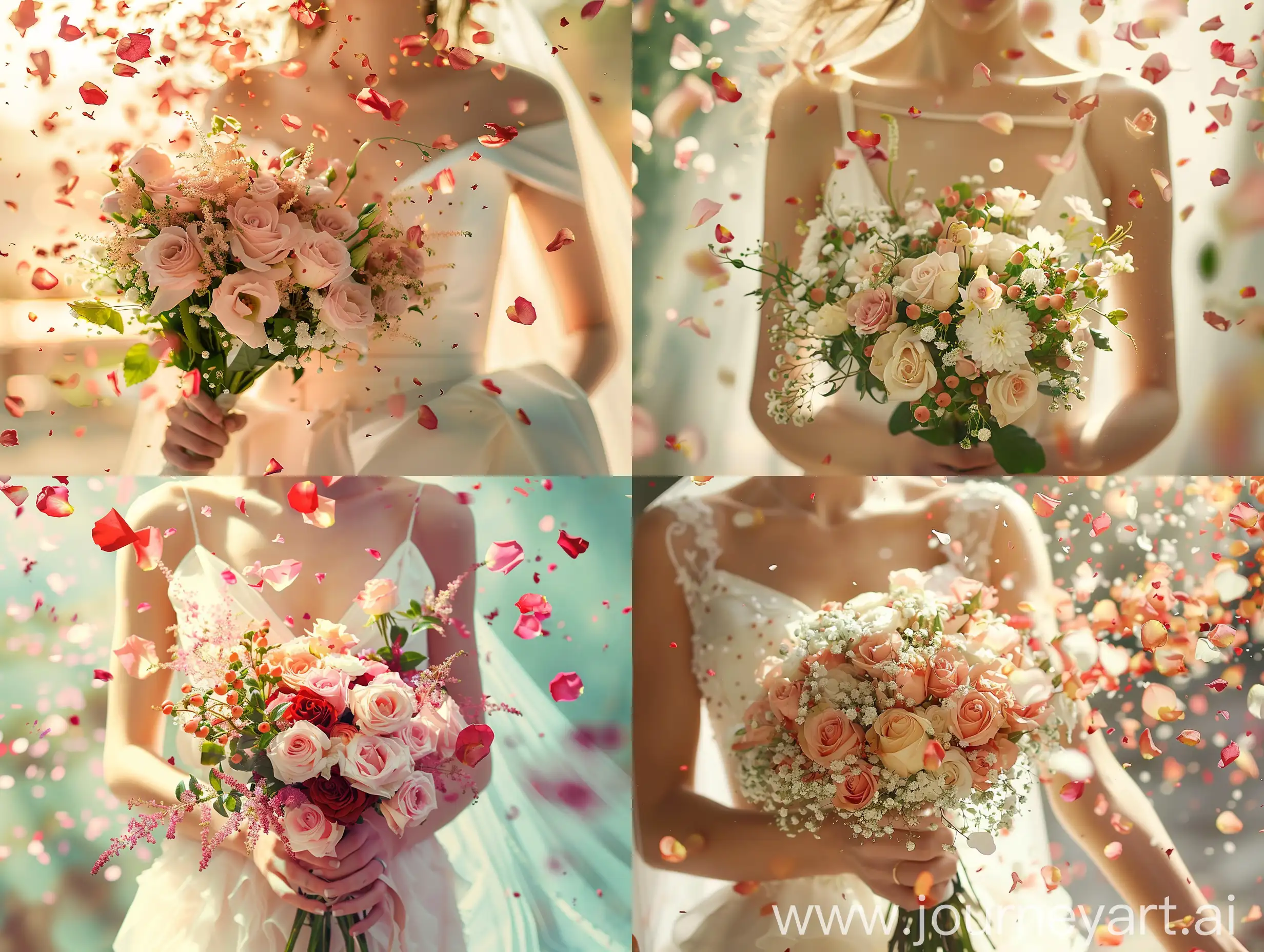 beautiful wedding bouquet of flowers, the bouquet is held by a young lady, rose petal confetti is flying from above, her hand is not visible, she has a white dress with a strong neckline, very small depth of field, high quality, photorealistic quality, sunshine, summer, Italian climate, strong close-up , you can see only flowers and a dress in the background, no hands, lots of rose petals falling down the top