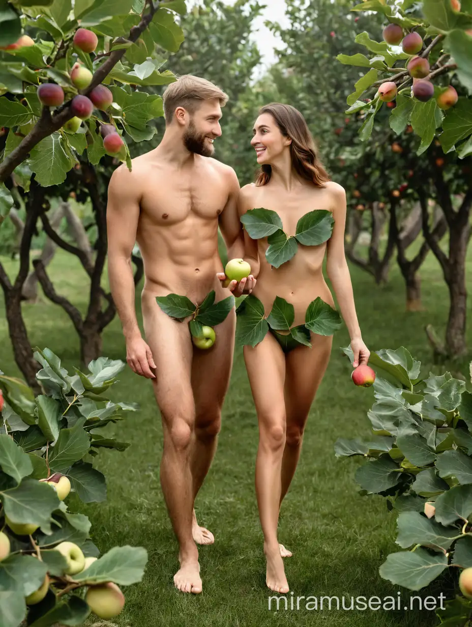 Caucasian couple. Adam and Eve characters. Woman offer apple to man. loincloth or apron of fig leaves cover naked figures