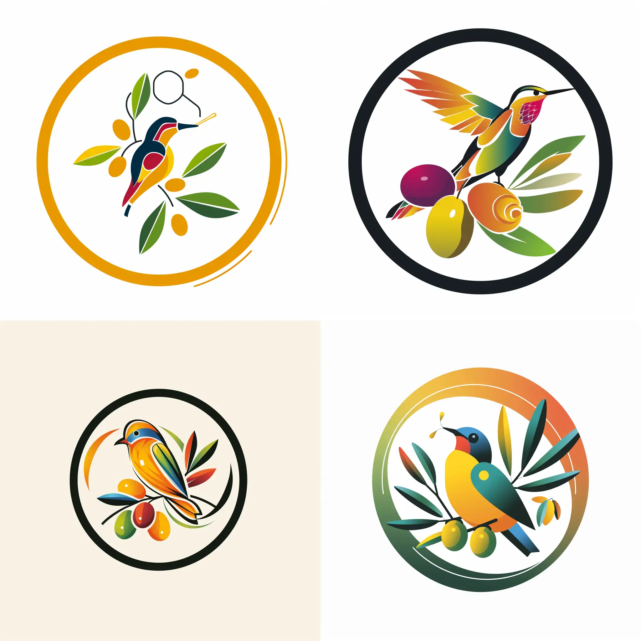 A Modern circular logo about honey and olives and a colorful bird