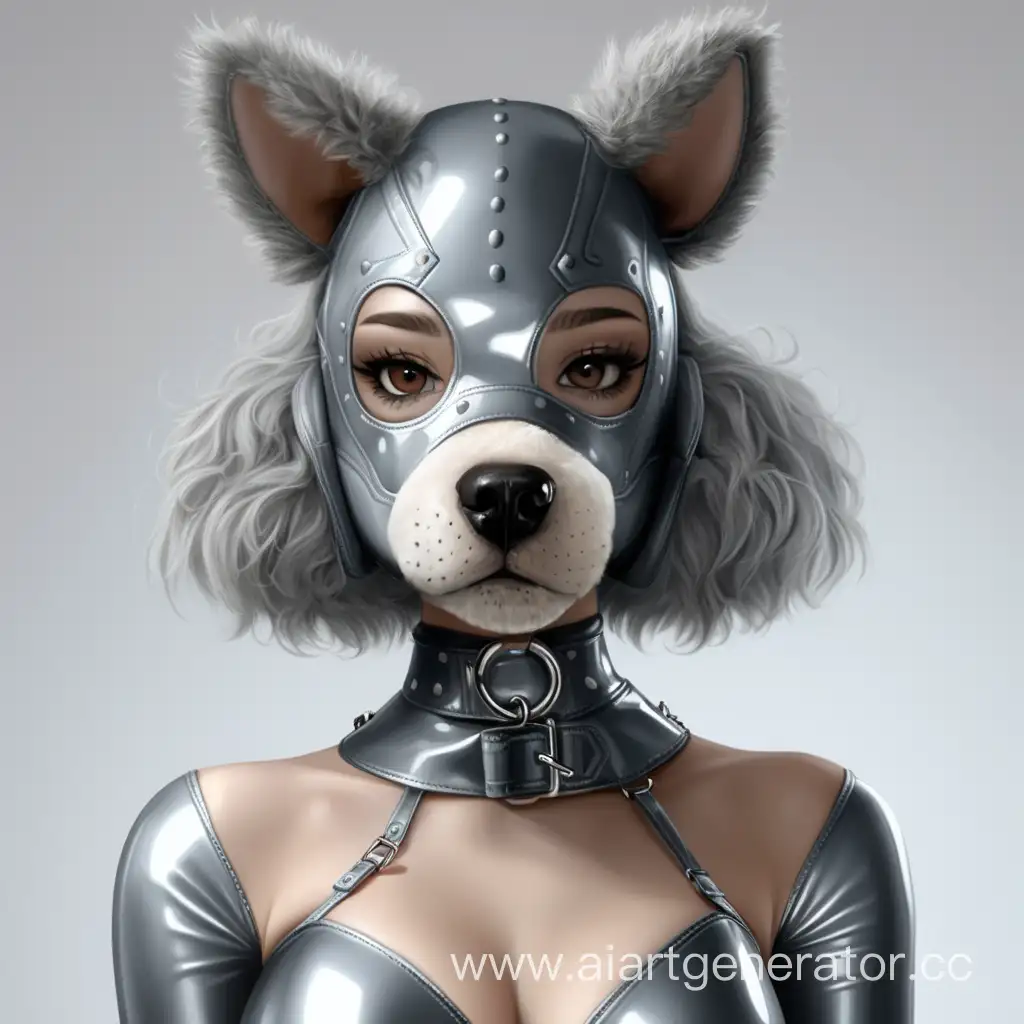 Латексная девушка фурри собака с серой латексной кожей с мордой собаки вместо лица