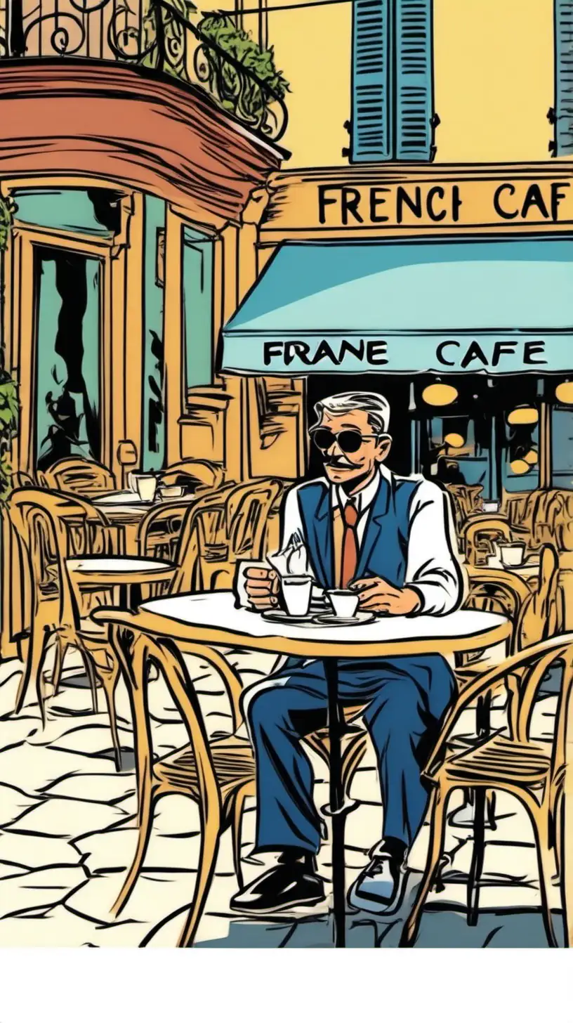 cartoony,  color.  A man sits at an outdoor french cafe