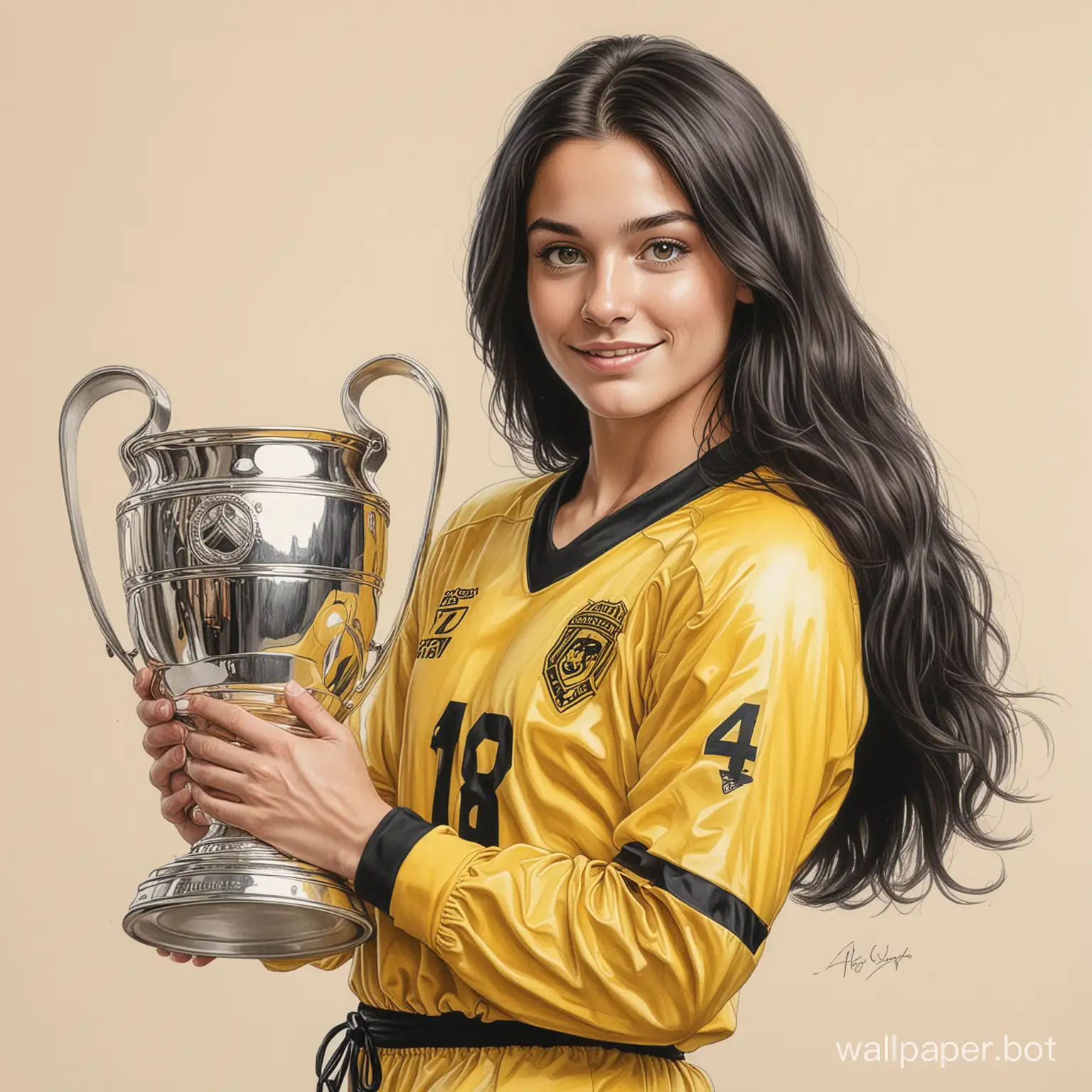sketch young Brook Shields 18 years old black long hair 5 breast size narrow waist In yellow-black soccer uniform holding large Champions Cup white background drawing with liner