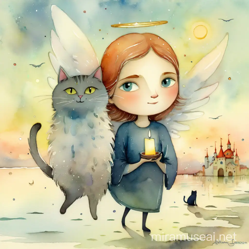 Dreamy Watercolor Illustration of an Angel and Cat