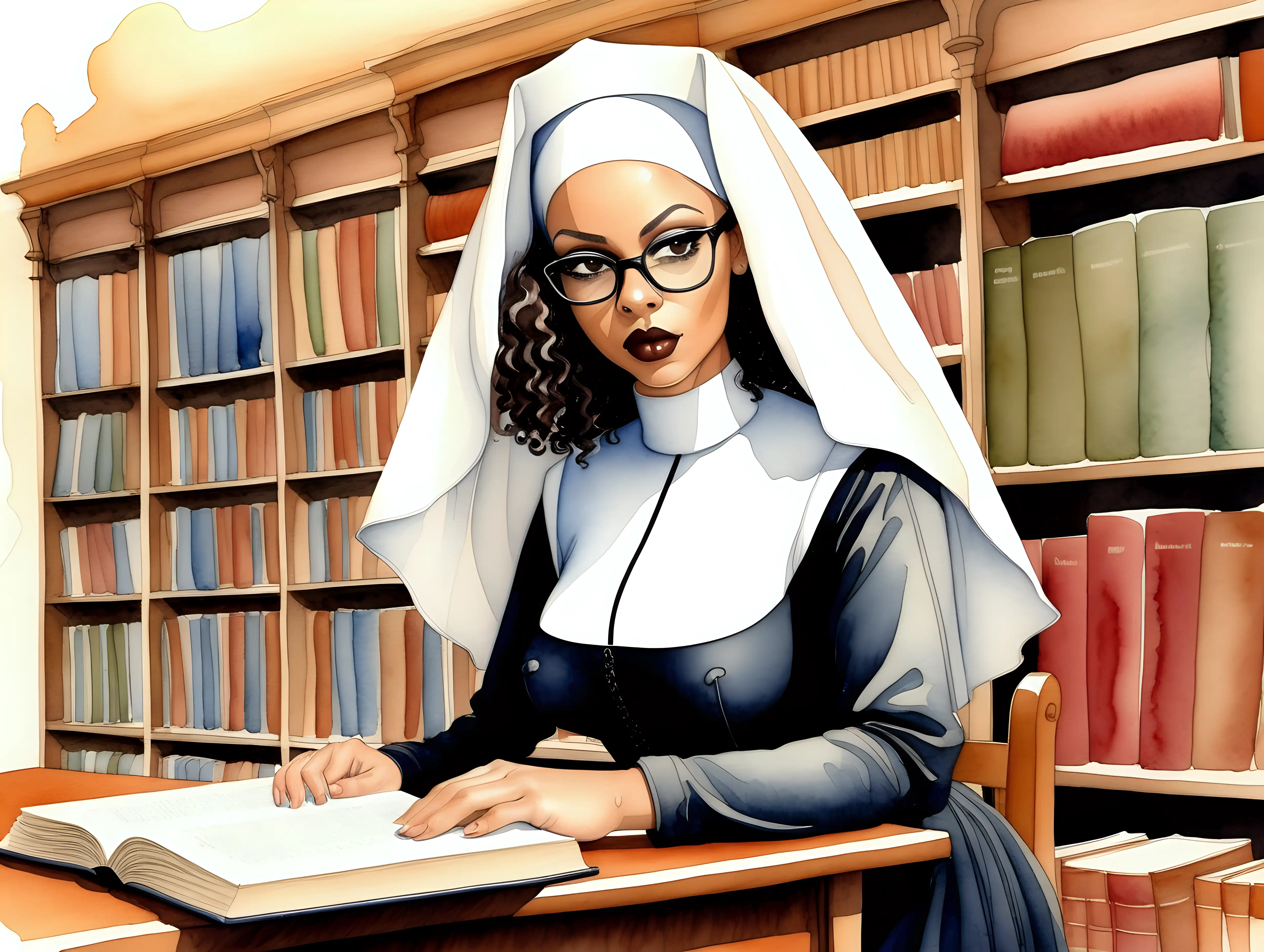 Sensual Librarian Nun in a Milo Manara Style Convent Library