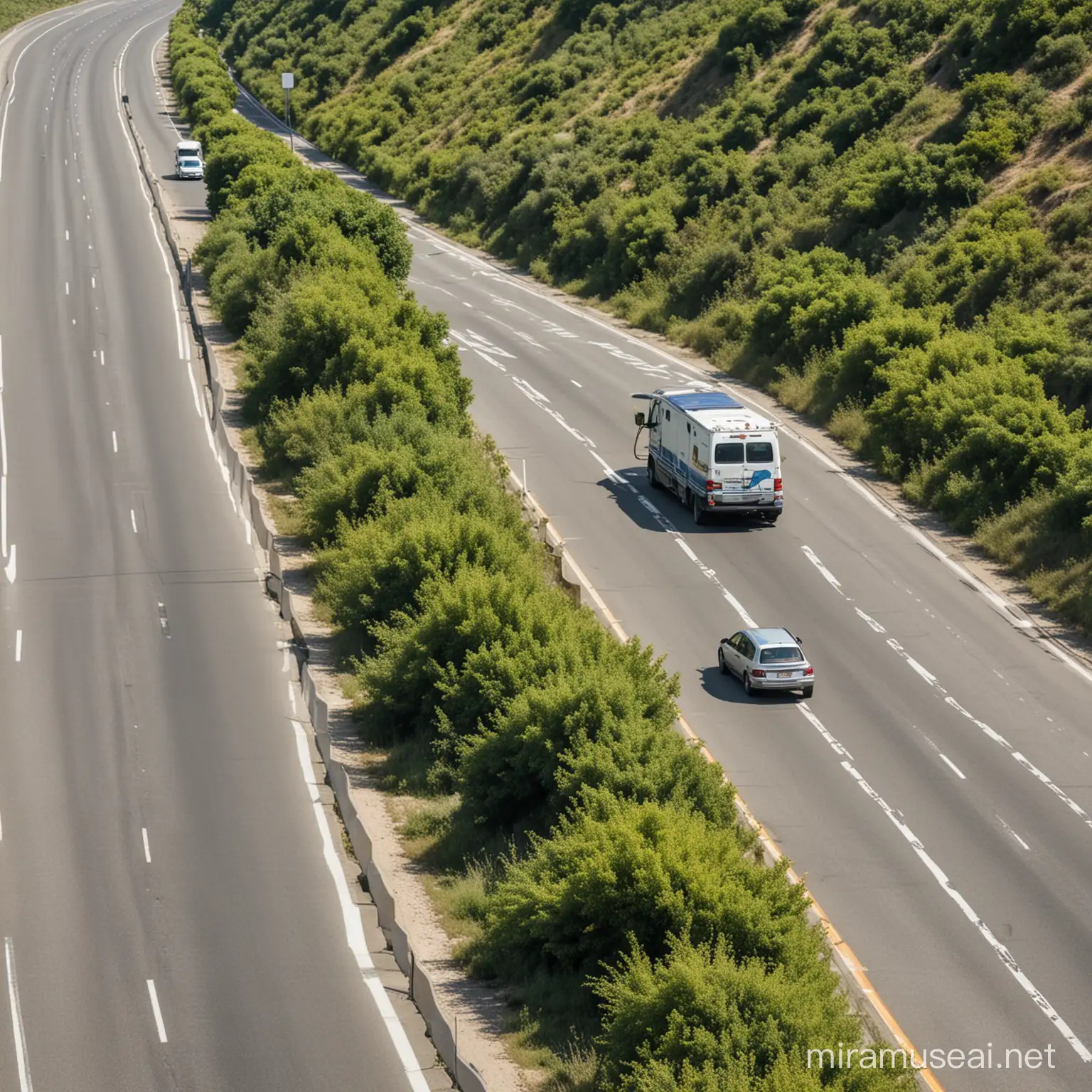 a car moving on a highway at noon, there's no one of the road and only shrubs on the side of the road, 