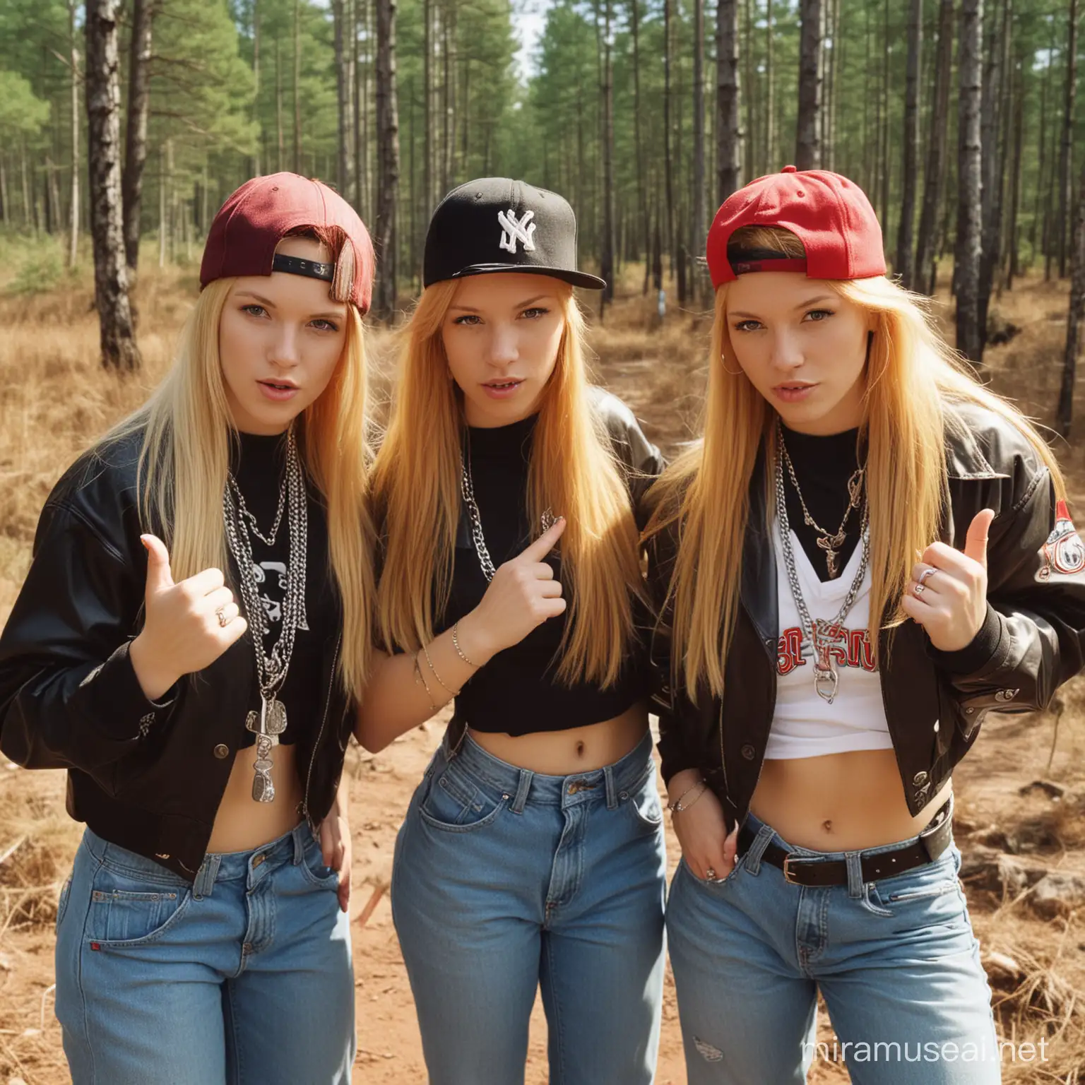 Late 1990's rap hip hop album, nordic red and blond haired girls wearing manly swag clothing with caps and necklaces, gangster gesture, finland forest background