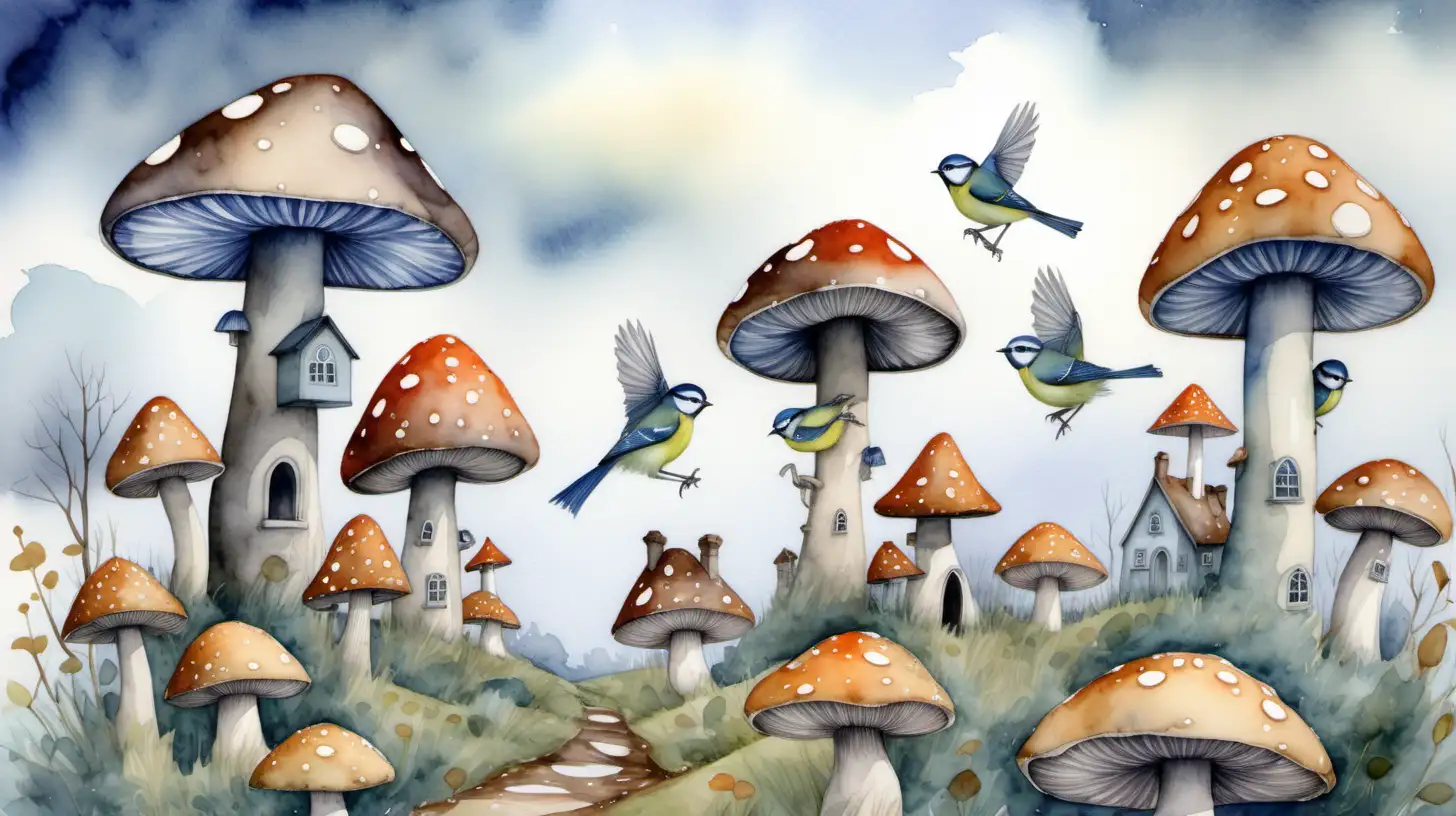 Watercolour fairytale picture of bluetits flying over enormous mushroom houses on a cold grey day