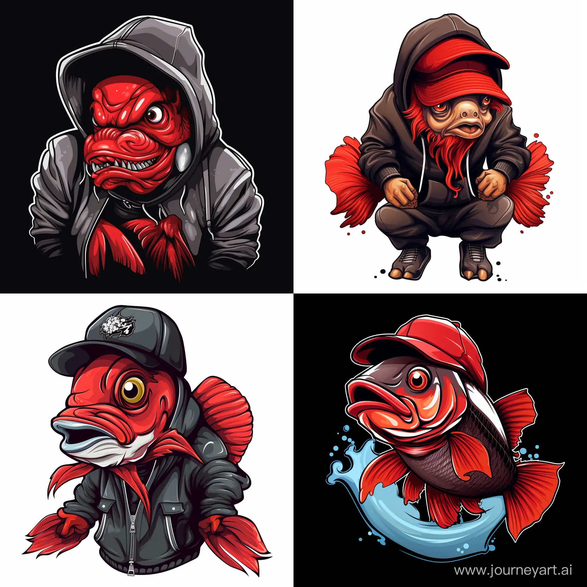 cartoon cool fishing, black and red, graffiti, vector sticker art, t-shirt design, high quality 8k, smooth lines, highly detailed, white 