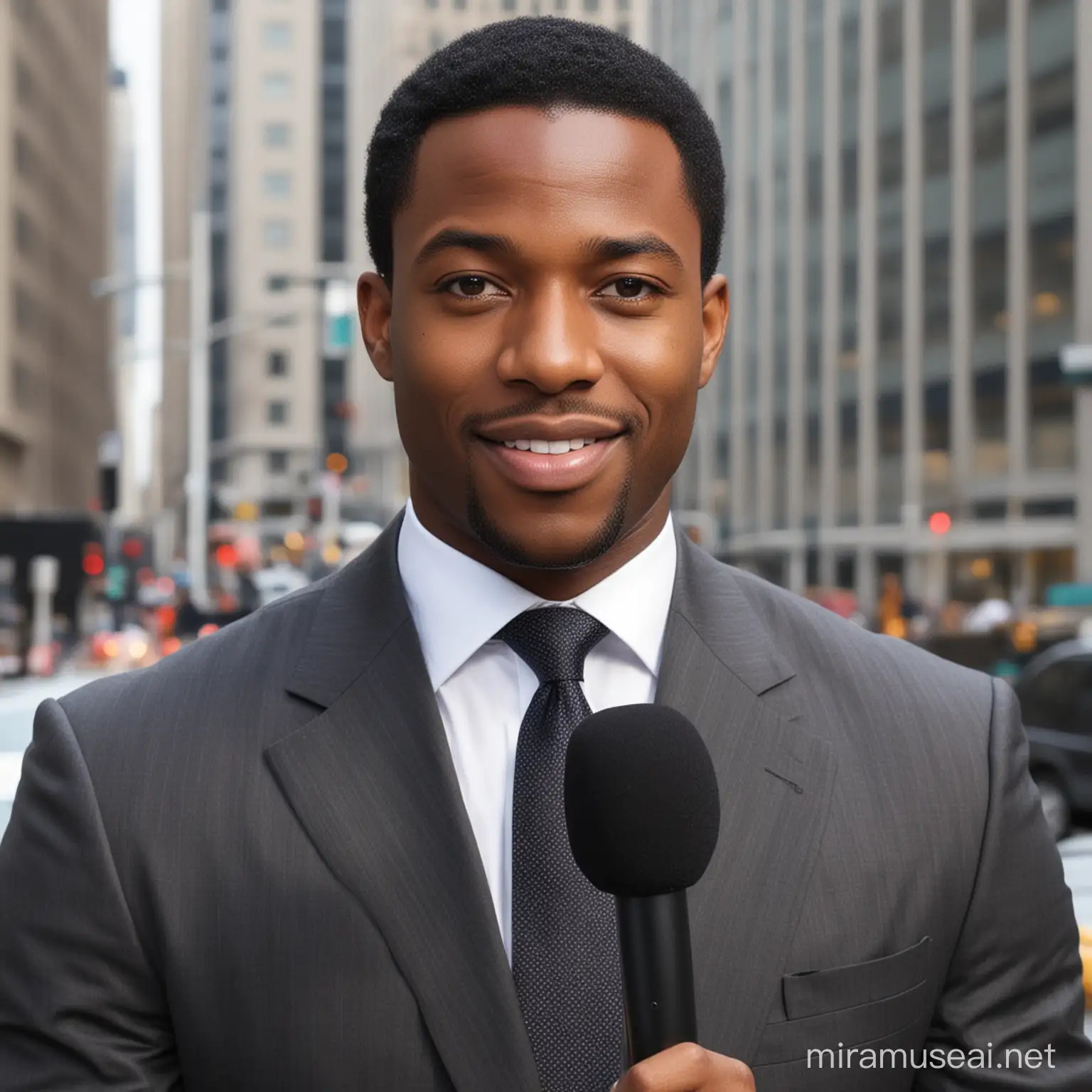 African American Male Journalist Reporting Live from Urban Street