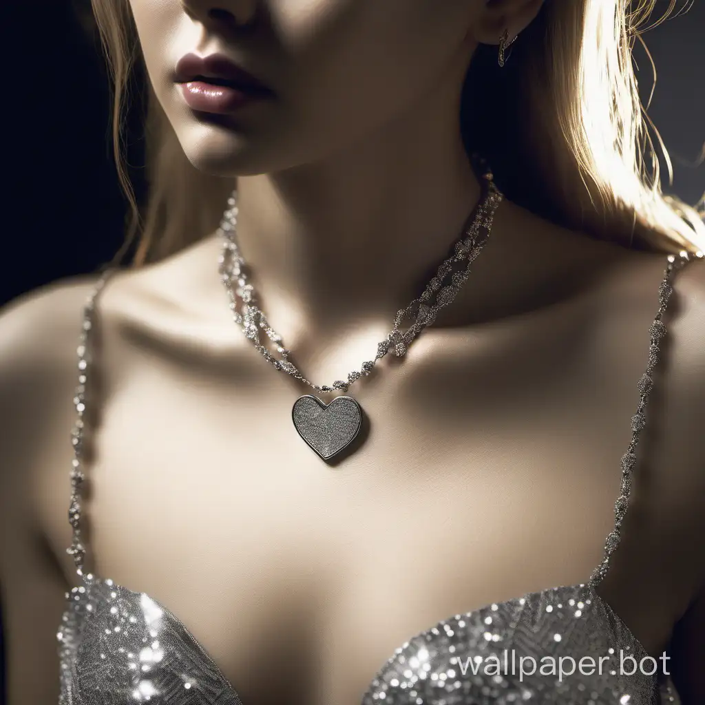 A photo taken shows a close-up of a young woman, wearing a short dress with tulle sequins decorated with a sweetheart neckline. The exquisite necklace perfectly blends female elegance and fashion. It consists of a delicate chain and a gorgeous heart-shaped pendant, showing a charming look. of charm and taste. Add an excellent visual focus to the neck, show the girl's personality and taste, and create a unique visual effect. Through the processing of light and details, the brightness and texture of the necklace are highlighted. Make sure that the girl's image and the necklace she designs complement each other, balancing and complementing each other. The final design is a real photo, and the final design should be stylish and impressive.