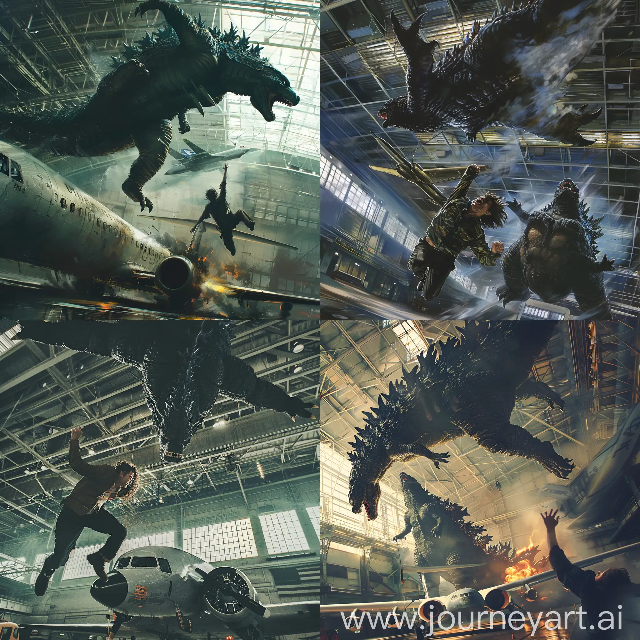 Unhinged insane man running upside down on the ceiling of an airplane hangar being chased by Godzilla in a plane