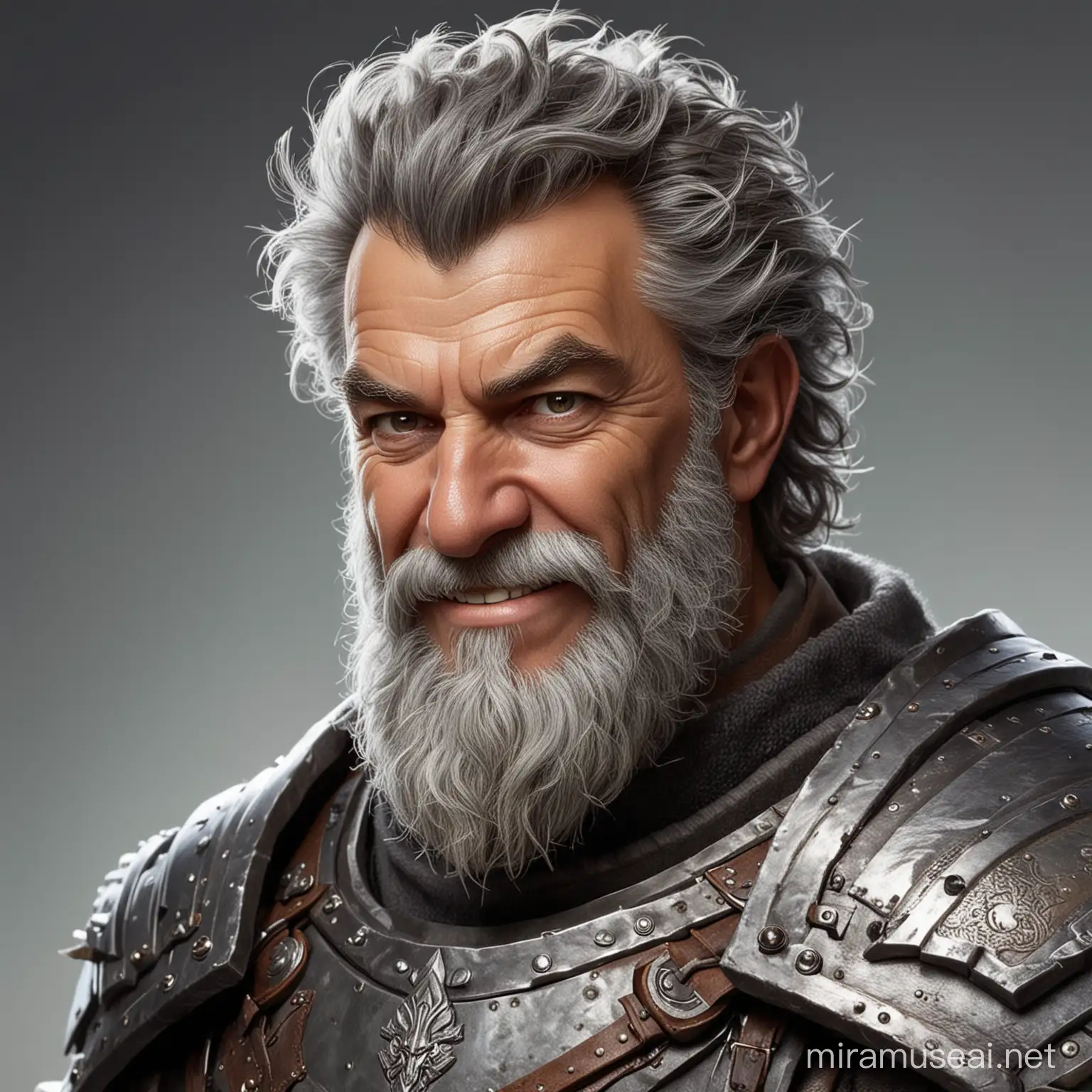 DND Artificer in his 60s. Short, gray, wild hair and bushy beard. Wearing heavy armor. Tough expression with a slight cocky grin.