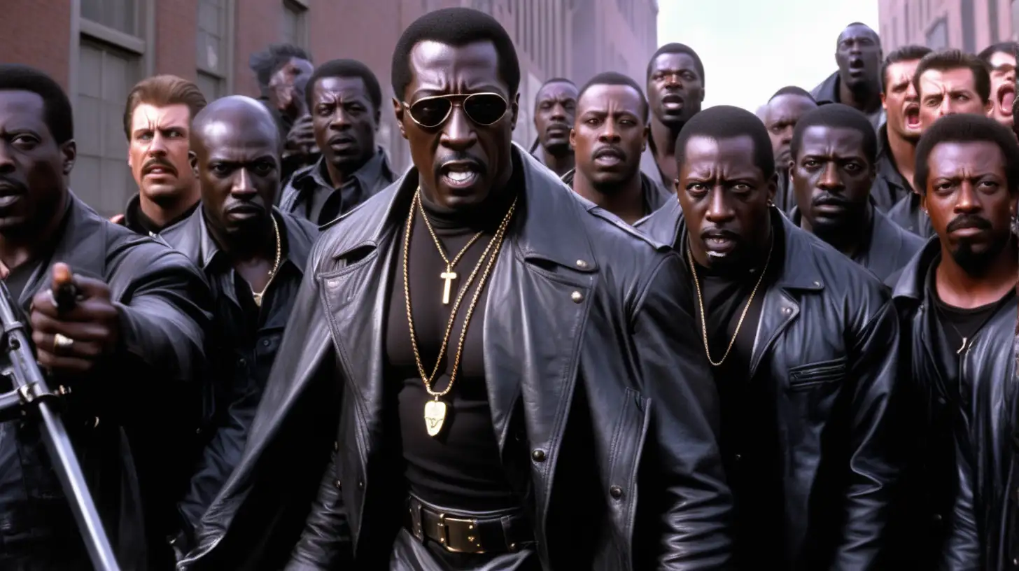 Wesley Snipes rallying a group of vigilantes from the bad side of town to join the fight against the vampires.