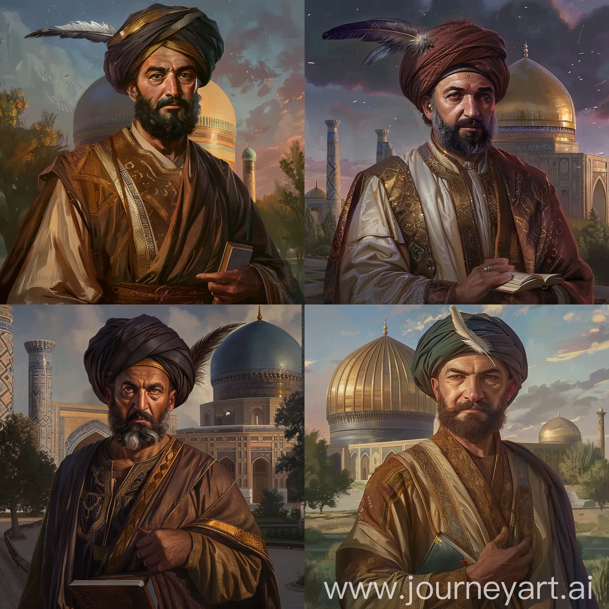 Timurid Sultan Ulugh Beg, depicted in fine kaftan and turban with feather on it, fine shaped average beard, slightly slanted eyes, he is standing in front of the Ulugh Beg observatory in Samarkand, he has a book under his armpit, cinematic lighting