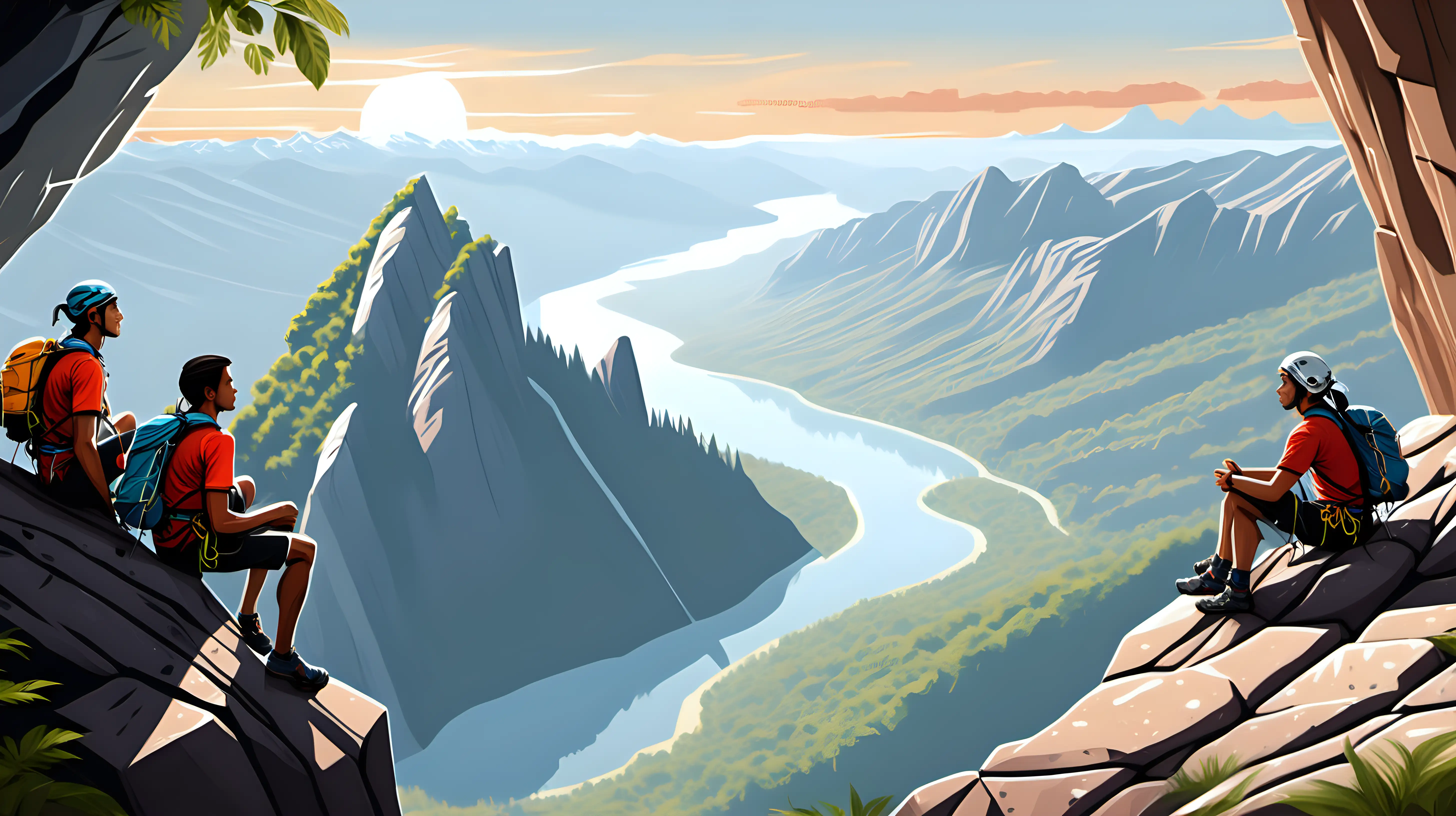 Illustrate a serene scene of climbers relaxing after a climb, sitting together on a rocky ledge, enjoying the breathtaking view.