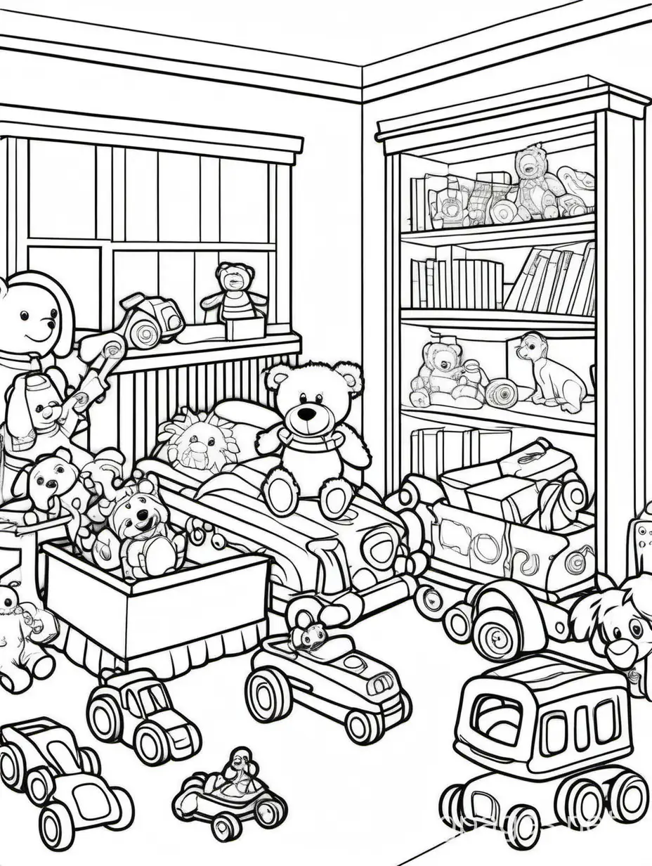 room full of toys, Coloring Page, black and white, line art, white background, Simplicity, Ample White Space. The background of the coloring page is plain white to make it easy for young children to color within the lines. The outlines of all the subjects are easy to distinguish, making it simple for kids to color without too much difficulty