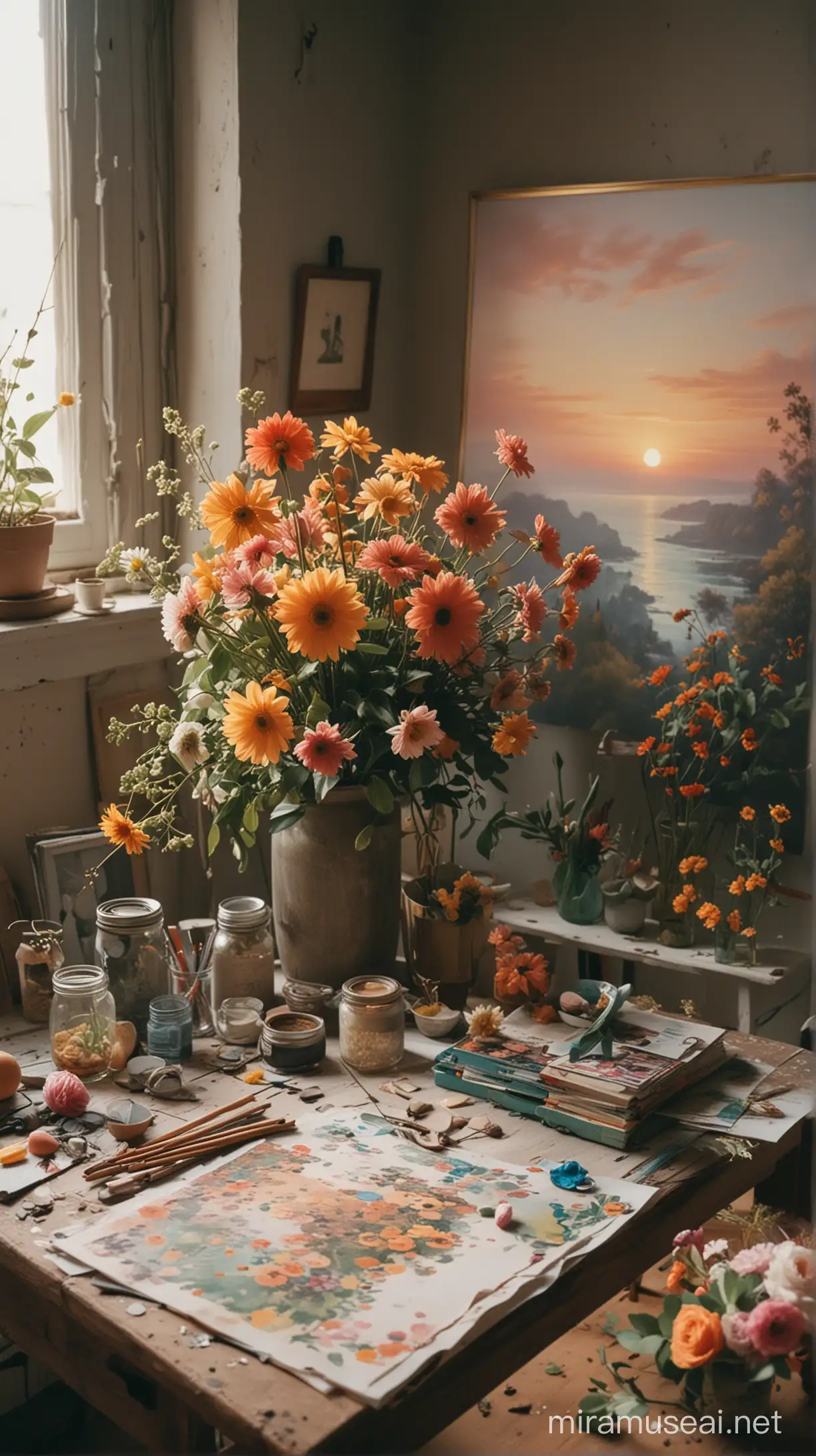 Art studio. top down picture, old rustic table, 1 canvas on the table + art items. studio filled with flowers.  in the style of laura makabresku, pastel tone color palette, gustave courbet, miwa komatsu, colorful animation stills, soft, muted palette, intricate floral arrangements, in the style of naturalistic poses, vacation dadcore, youthful energy, a coolexpression, analog film, super detail, dreamy lofi photography, colorful,  shot on fujifilm XT4, sunset, backlit, photography, expansive, awe-inspiring, breathtaking, bright colors, sharp focus, good exposure, misty, wide-angle, sun
