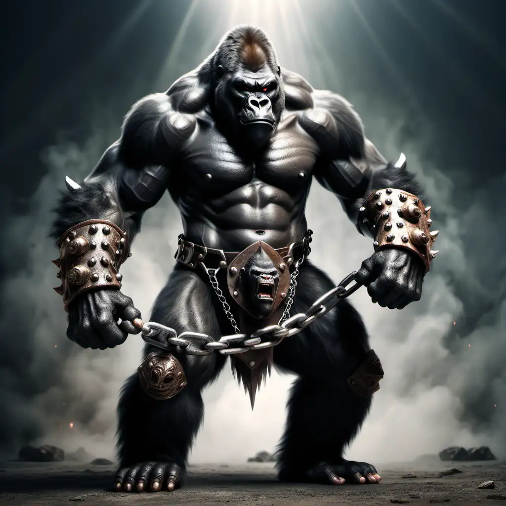реалистичная яростная демон-горилла-варвар в доспехах варвара с цепью в лапах готовиться напасть в полный рост