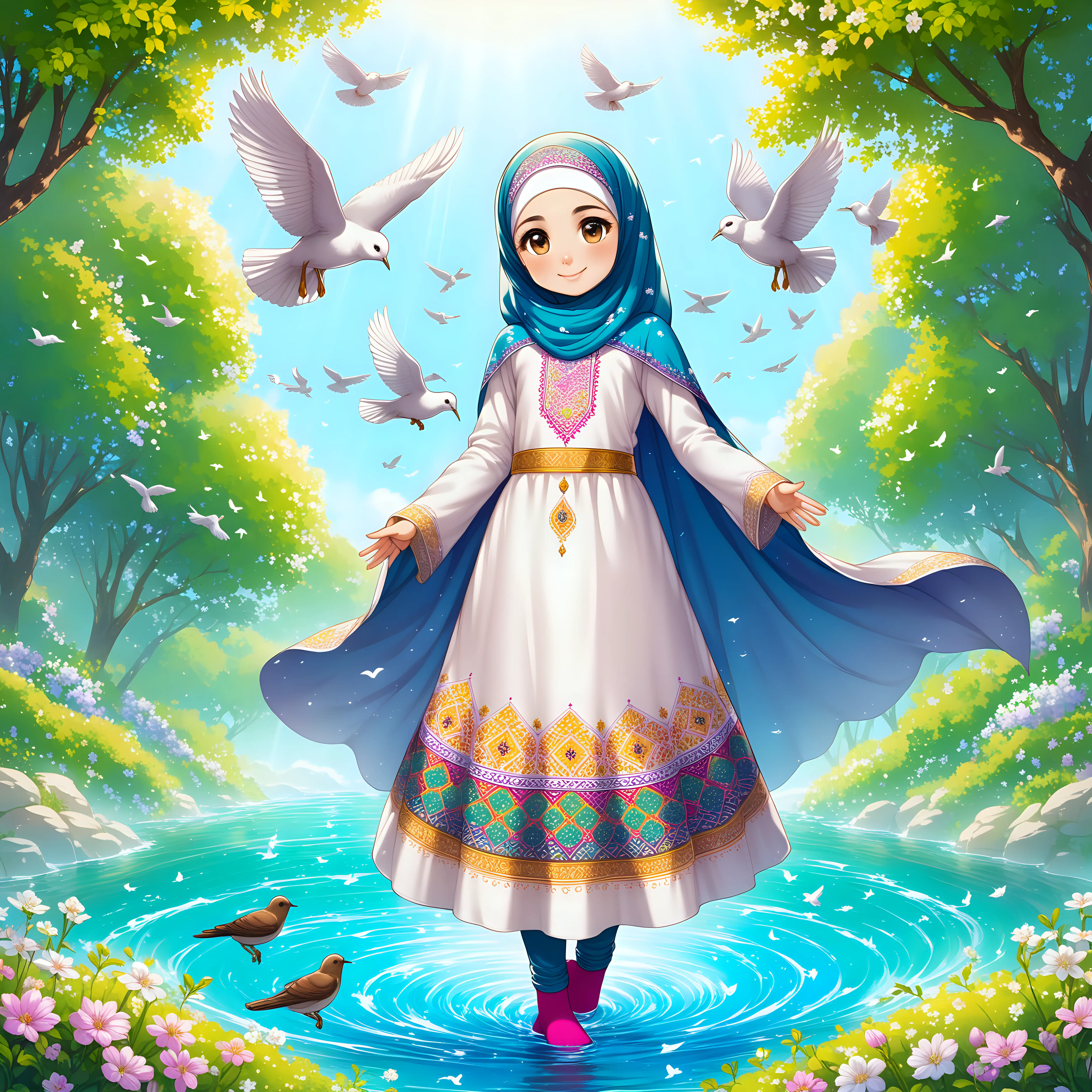 Character 10 years old Persian girl(full height, Muslim, neat fingers, with emphasis no hair out of veil(Hijab), smaller eyes, bigger nose, white skin, cute, smiling, wearing socks, clothes full of Persian designs, heavenly girl).

Atmosphere flowing water from the spring with flowers, nightingales and flying birds in spring.