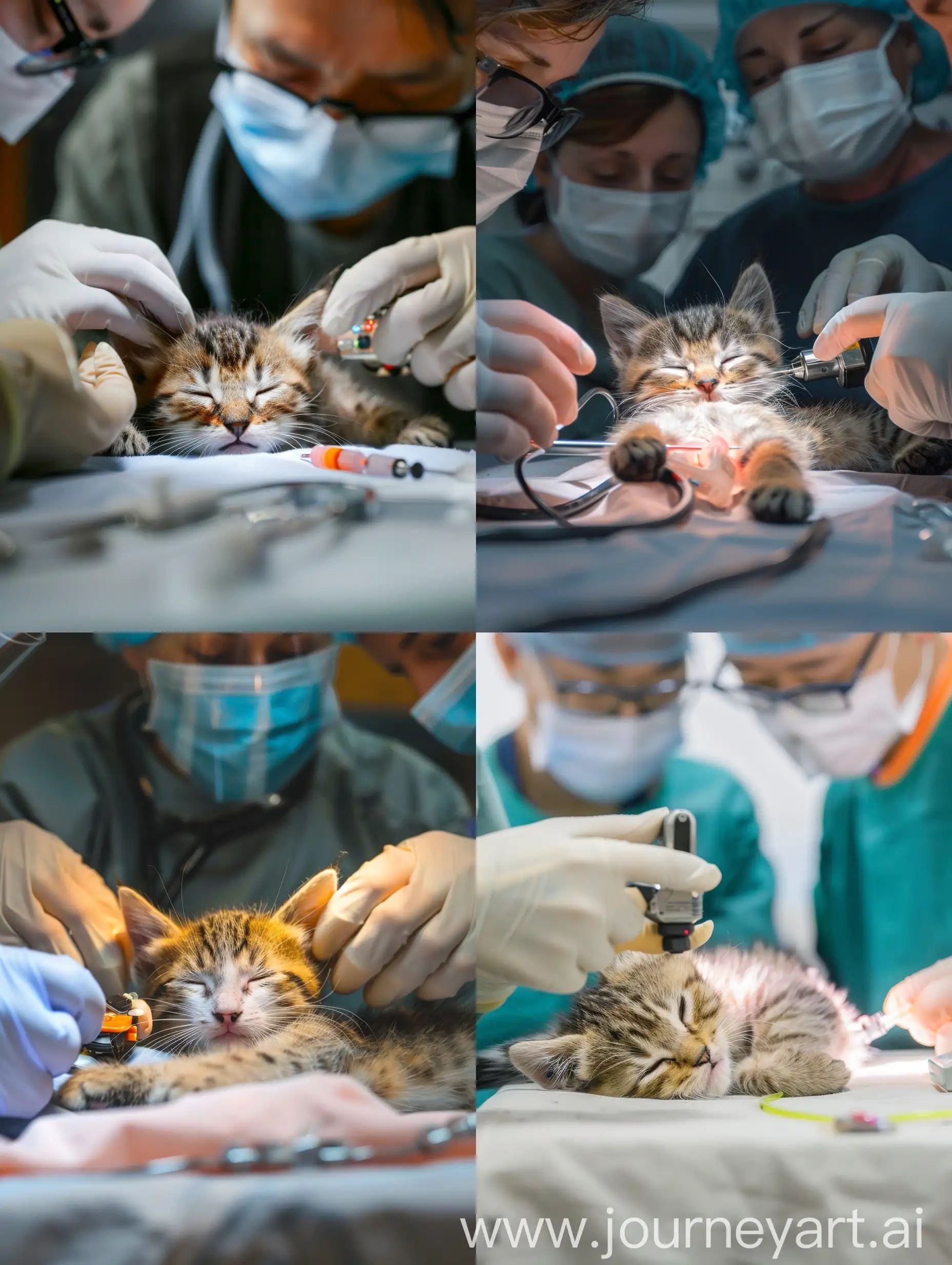 Маленький котёнок лежит на операционном столе с закрытыми глазами.Врачи в масках ставят на его сердце аппарат дефрибрилятор