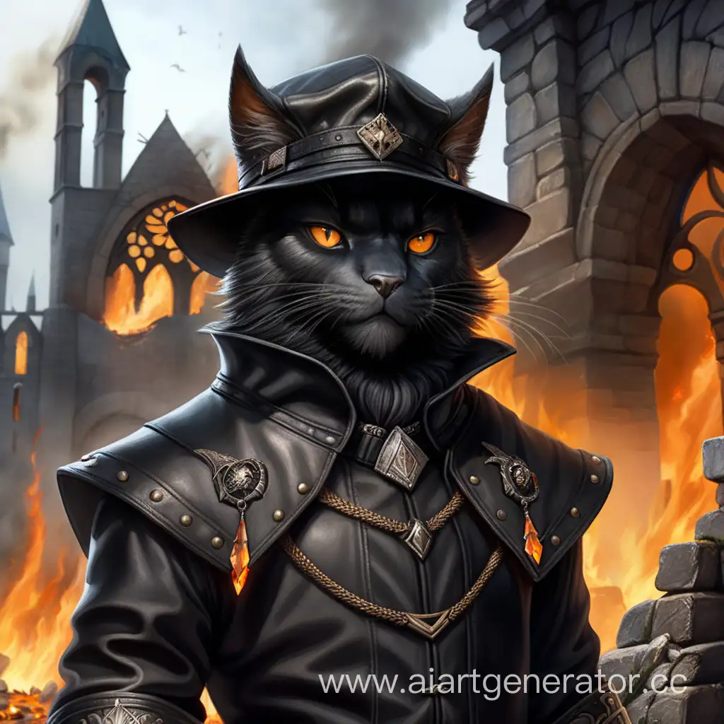 panter's black catfolk, black peaked cap, orange iris of the front eye, black leather beard, in full growth, in the burning ruins medival fantasy city