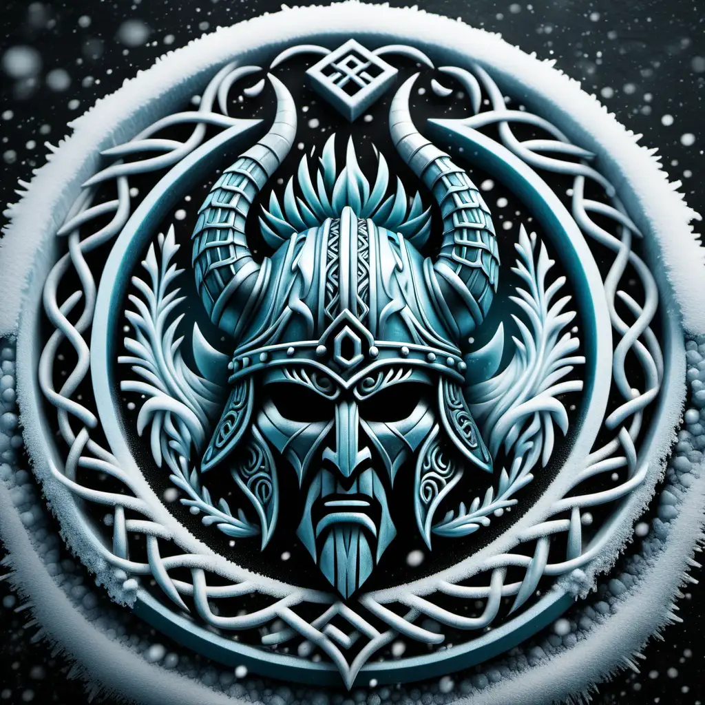 decorative circle logo of a viking horned helmet frozen