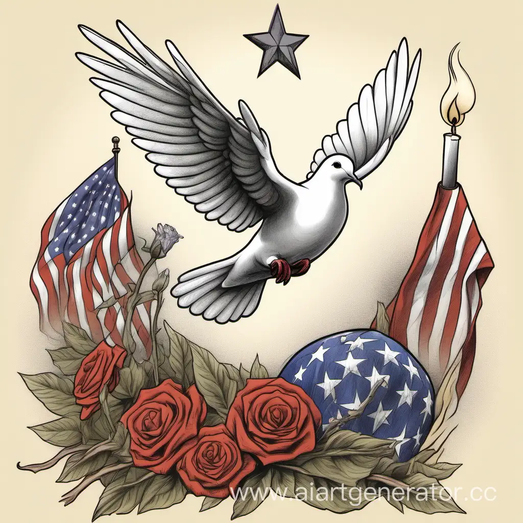 Патриотический рисунок с голубем, который летит с краю и несет веточку, а под ним вечный огонь и каска ветерана с цветами