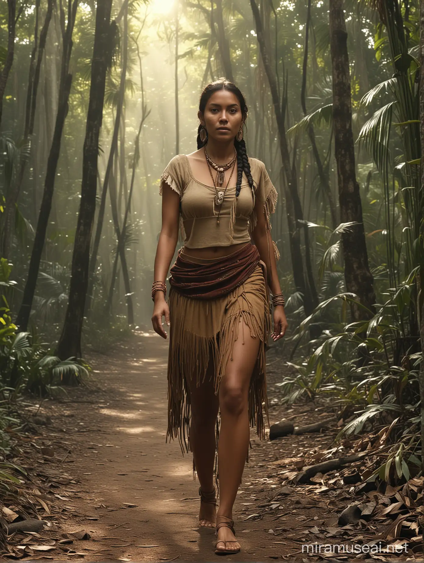 the native indian, 1800s woman is walking in the carribean forest, in the style of light brown and dark black, fashwave, mesoamerican influences, candid celebrity shots, uhd image, body extensions, natural beauty --ar 69:128 --s 750 --v 5. 2