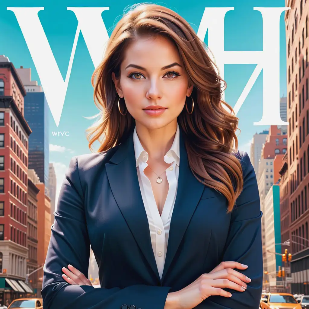 Women empowering women magazine cover, featuring a stylish, NYC business woman, who works in the tech sector, do not add any text 