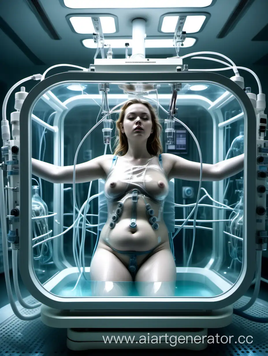 Young white woman strapped down to the operating table in a futuristic hospital operating room. She is submerged in a transparent tank of liquid. She has a natural body and is slightly overweight. Machines manipulate her for a medical experiment. She is attached to many wires and tubes.