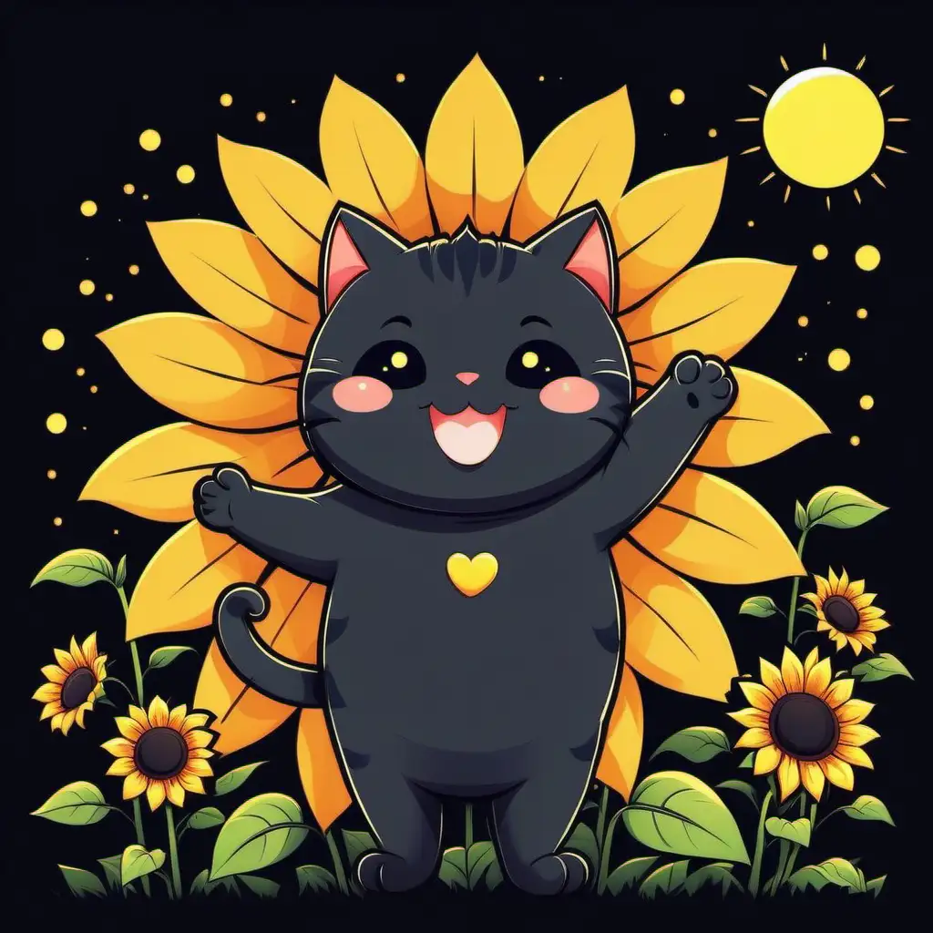 A chubby black cartoon cat holding a sunflower, standing tall in a field of 
sunflowers and spreading happiness with a sunny smile, 
sunflower art style, cheerful mood, T-shirt design graphic, 
vector, contour, flat black background.