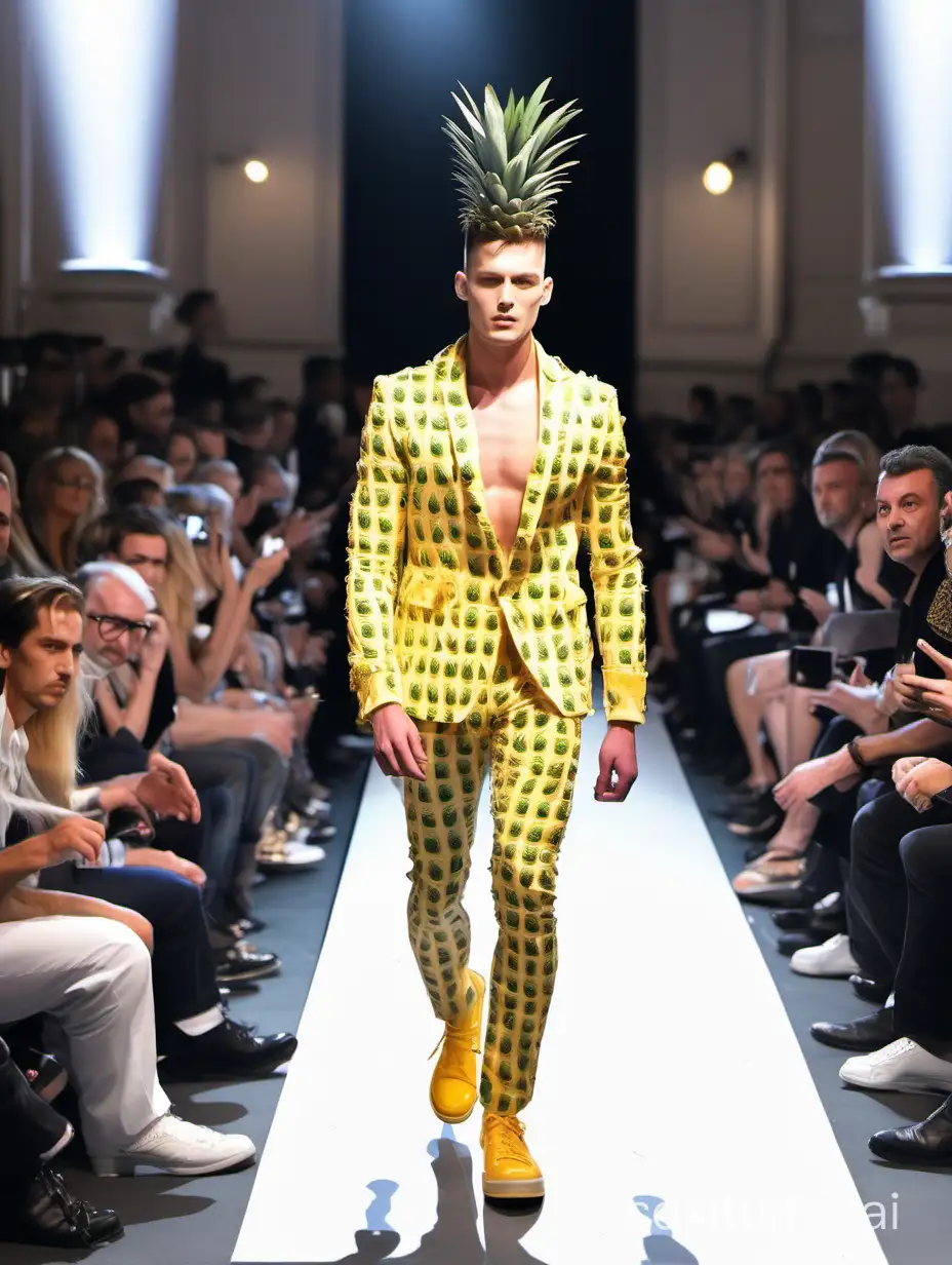 Pineapple at Paris Collection 🍍 A top male model walking the runway, Top model walking, (Full body image), (Audience on both sides), Paris Collection Runway, Pineapple, Paris Collection Runway, (Unusual Fashion), Out-of-the-ordinary fashion, flashy fashion, Paris collection