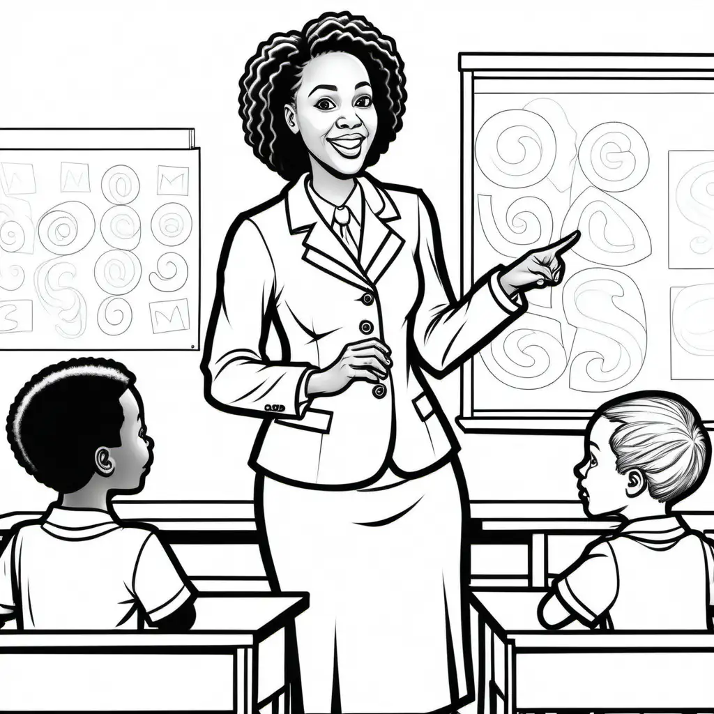 kids colouring page, simple, outline no colour, black lines white background, crisp, african-american, female, teacher, standing talking to students