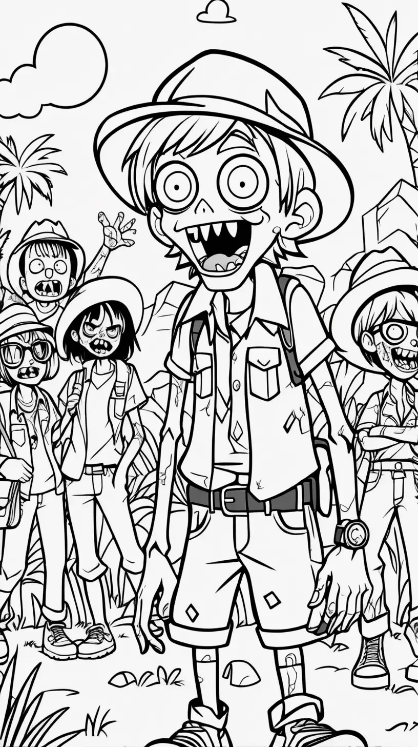 coloring book image, thick clean black line image of a cute friendly zombie on a  safari party with friends, safari background