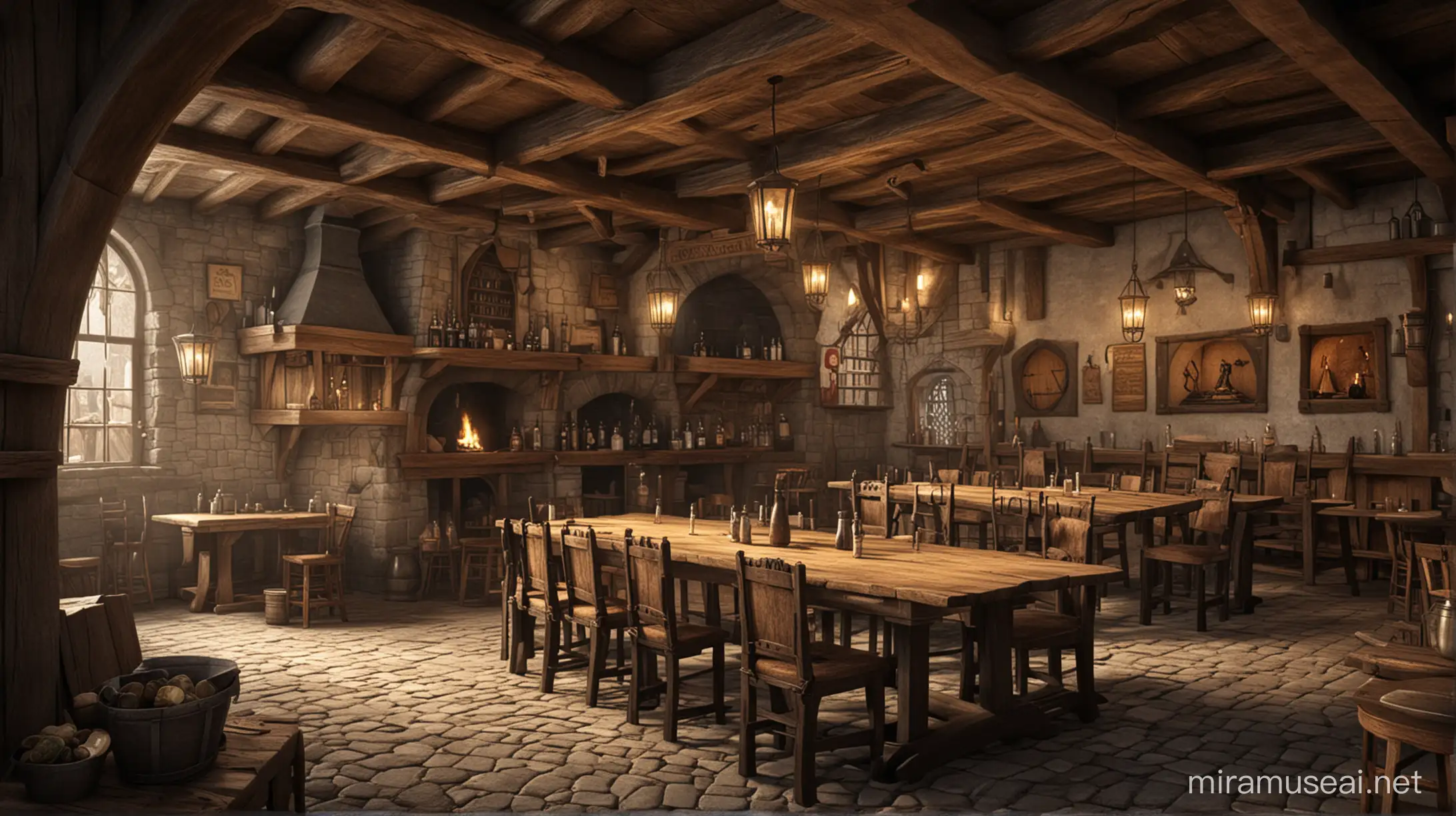 Medieval Tavern Scene with Rustic Characters Enjoying Ale and Merriment